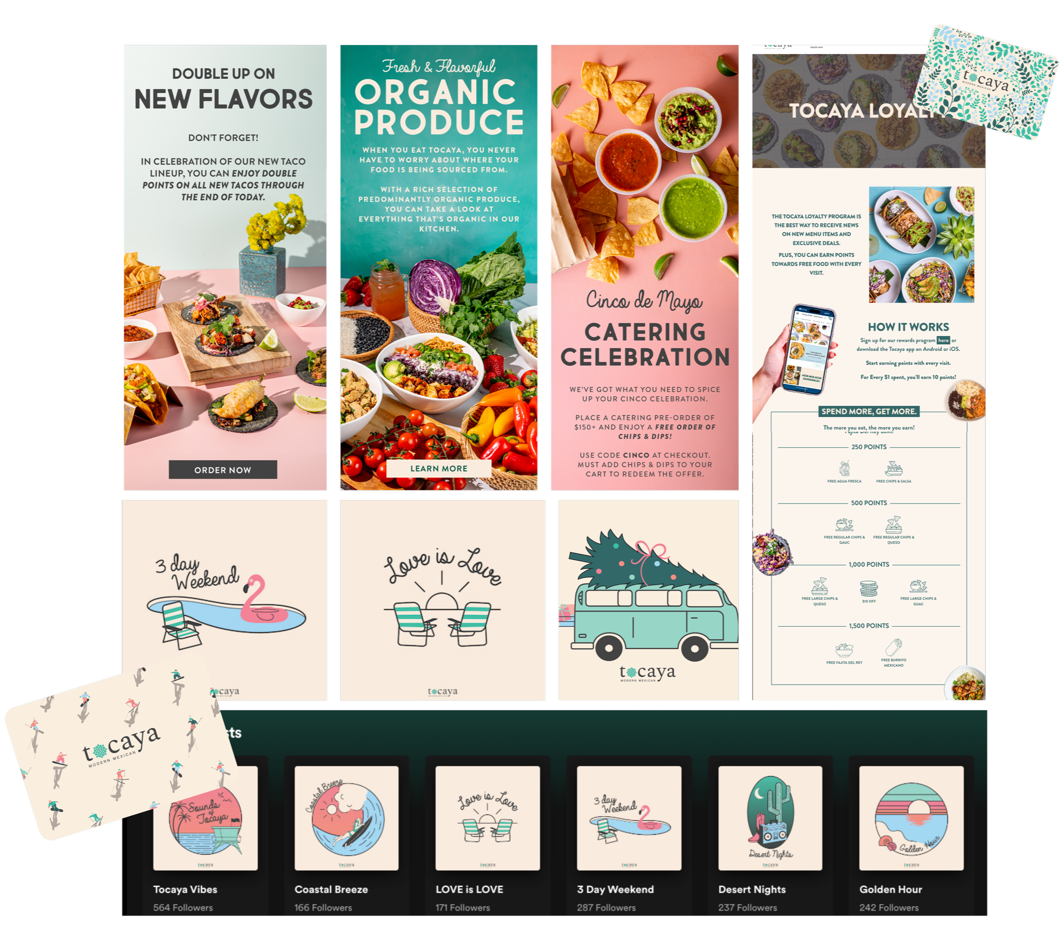 Collection of digital advertisements and social media posts for TACAYA, a Mexican food brand, featuring promotions, food images, and branding elements.