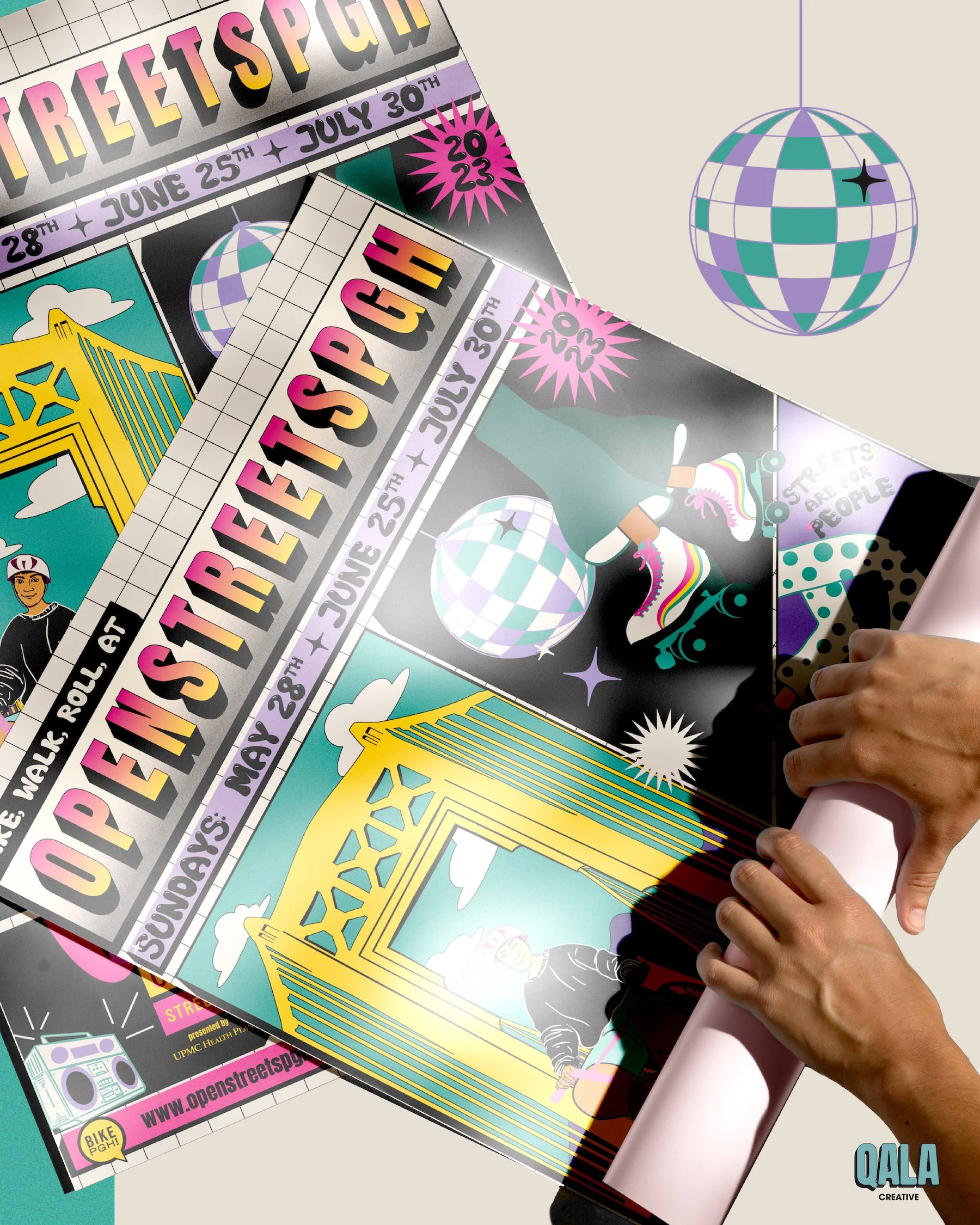 Close-up of hands peeling back a colorful, retro-style poster promoting a street festival with roller skating, a bridge illustration, discoballs, and vibrant graphic elements.