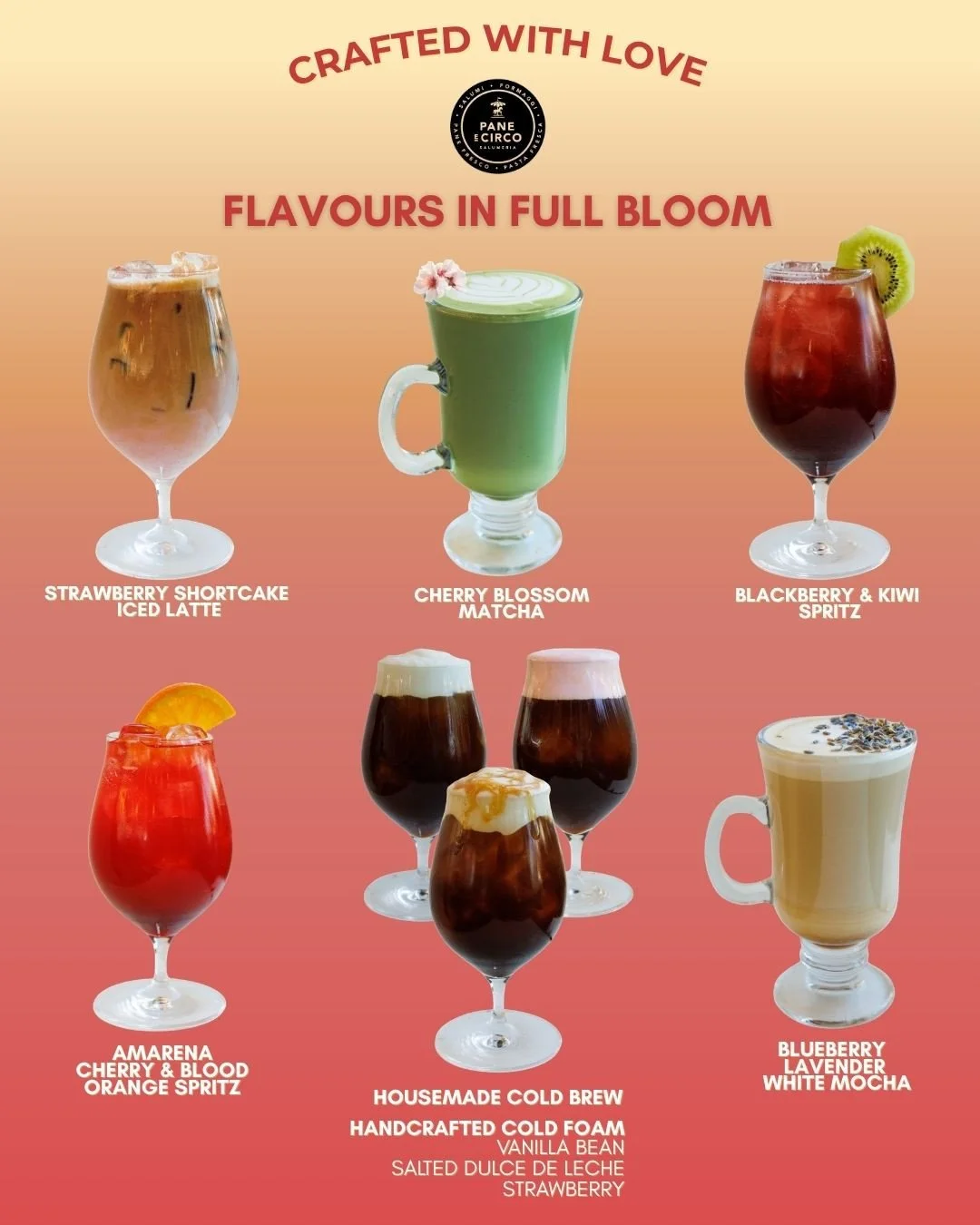 Flavours in Full Bloom 🌸⁠
⁠
Now pouring at Pane e Circo:⁠
⁠
🍓 Strawberry Shortcake Iced Latte⁠
🌸 Cherry Blossom Matcha⁠
🥝 Blackberry &amp; Kiwi Spritz⁠
🍒 Amarena Cherry &amp; Blood Orange Spritz⁠
🫐 Blueberry Lavender White Mocha⁠
🧊 Housemade C