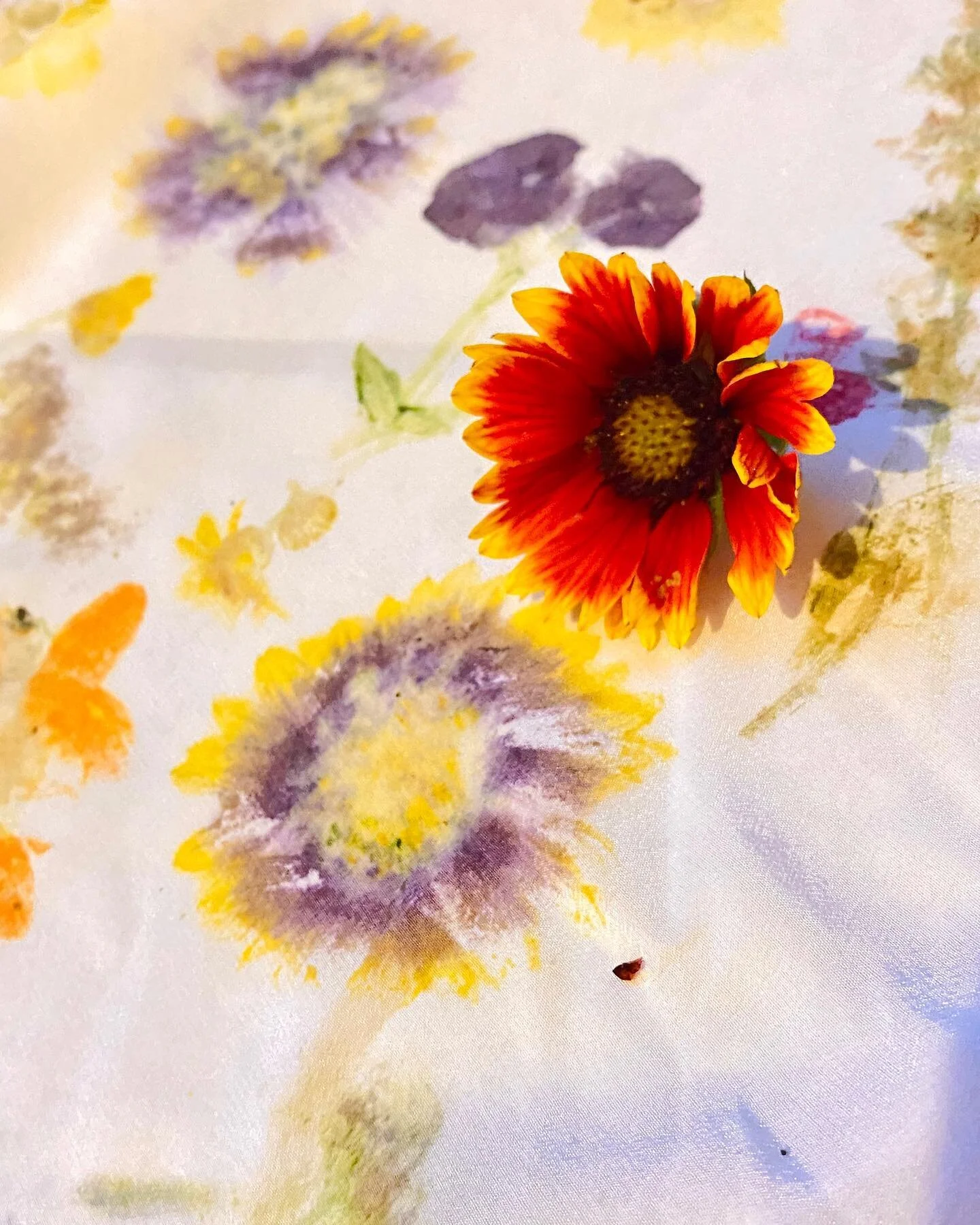 Pressed 💐 on silk.

The lovely @cooking.with_kai picked this giant bag for me to play with!
This eco printing experiment still stands as one of my favorites. Using real flowers to print on fabric&mdash;I mean, how cool? Here are the side by sides of