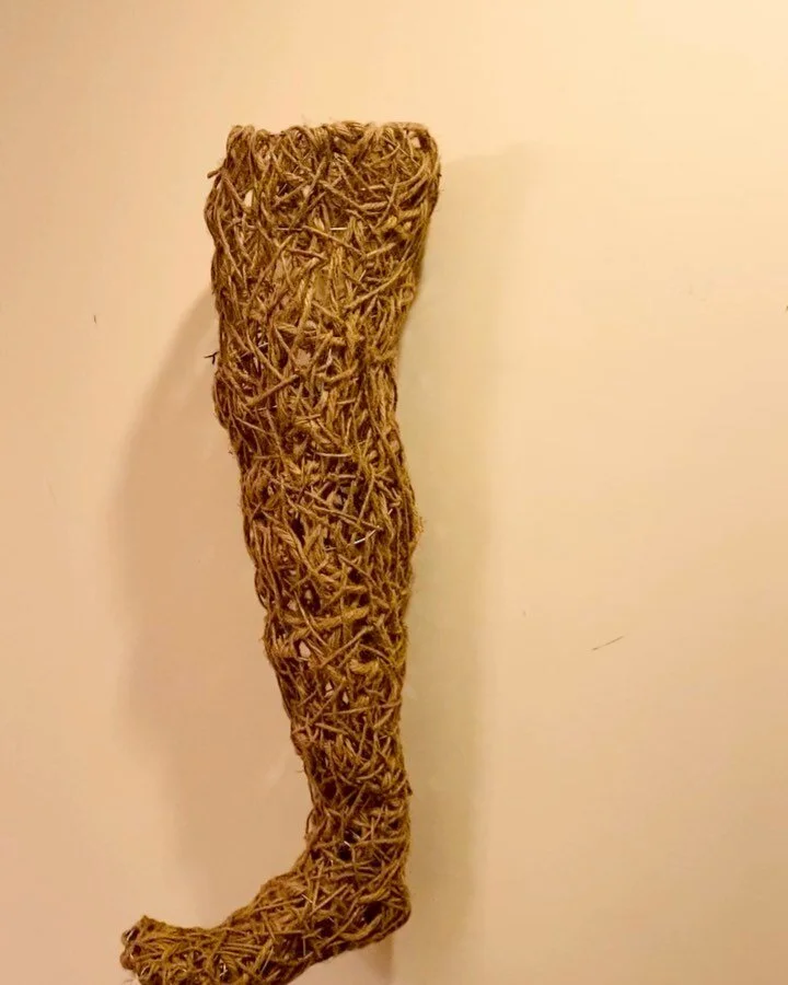 Random Weave leg sculpture. A completed update from the wire armature I posted in September. Although the toes gave some trouble, I am happy with the form overall. Natural jute has become one of my favorite materials to work with. I think I find the 