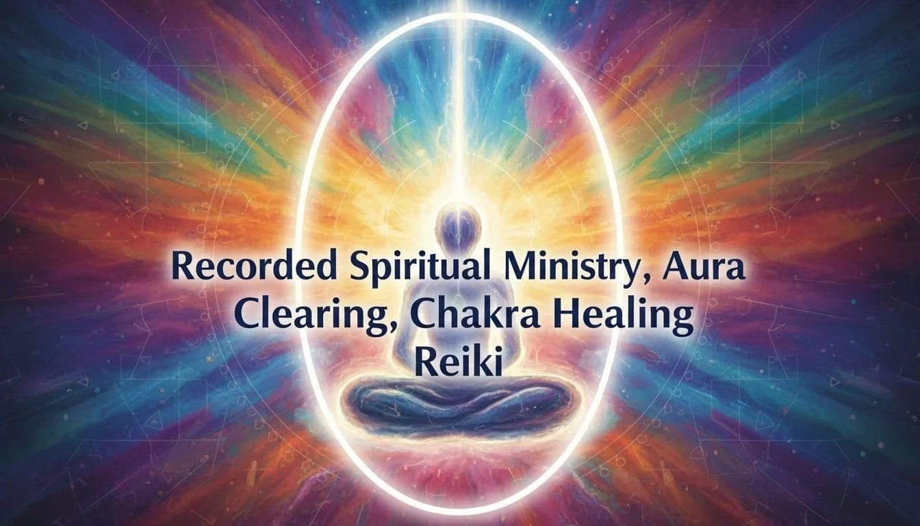 Abstract spiritual healing banner showing a woman in meditation with an oval aura and light from above, with the title Recorded Spiritual Ministry, Aura Clearing, Chakra Healing Reiki.