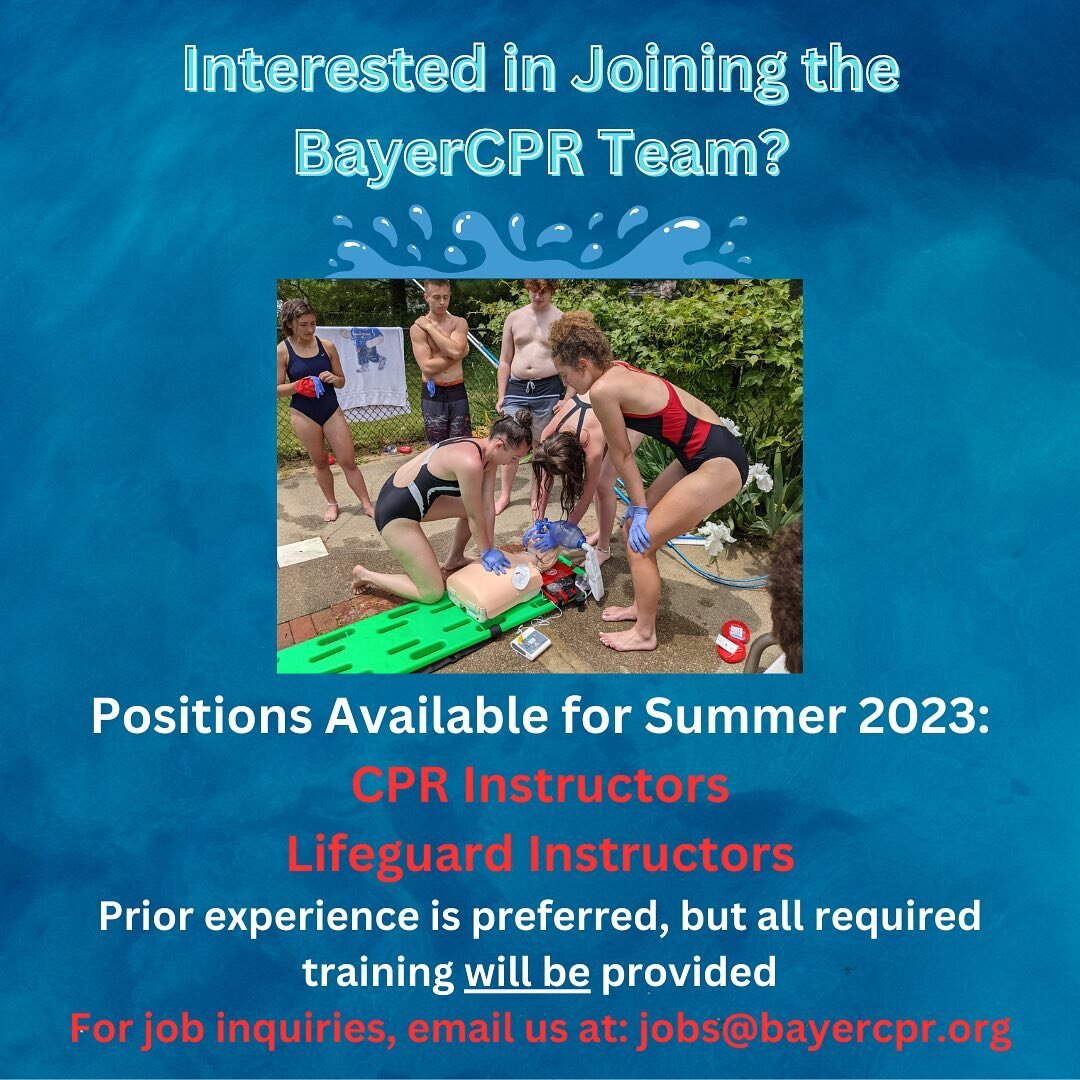 we are hiring for this summer! we are excited to extend our bayer cpr family to include more instructors. if you are interested, please feel free to contact us at jobs@bayercpr.org

we look forward to hearing from you!!!

#cpr #lifeguard #instructor