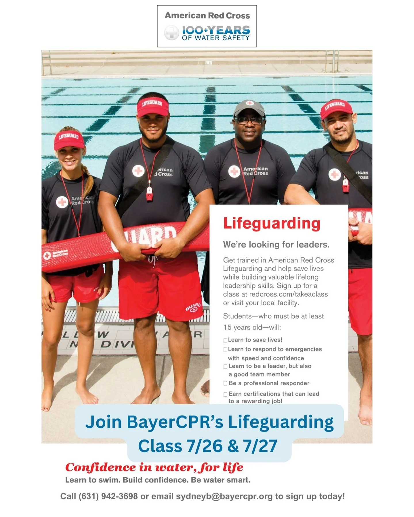 Learn how to save a life with BayerCPR! Join our Lifeguarding class this weekend, July 26th &amp; 27th, to get your Lifeguard Certification! 🏖