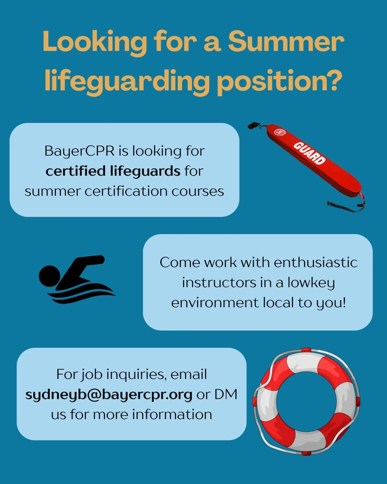 ❗️❕Looking for Lifeguards ❗️❕Join BayerCPR this summer as a pool lifeguard! DM us for more information!