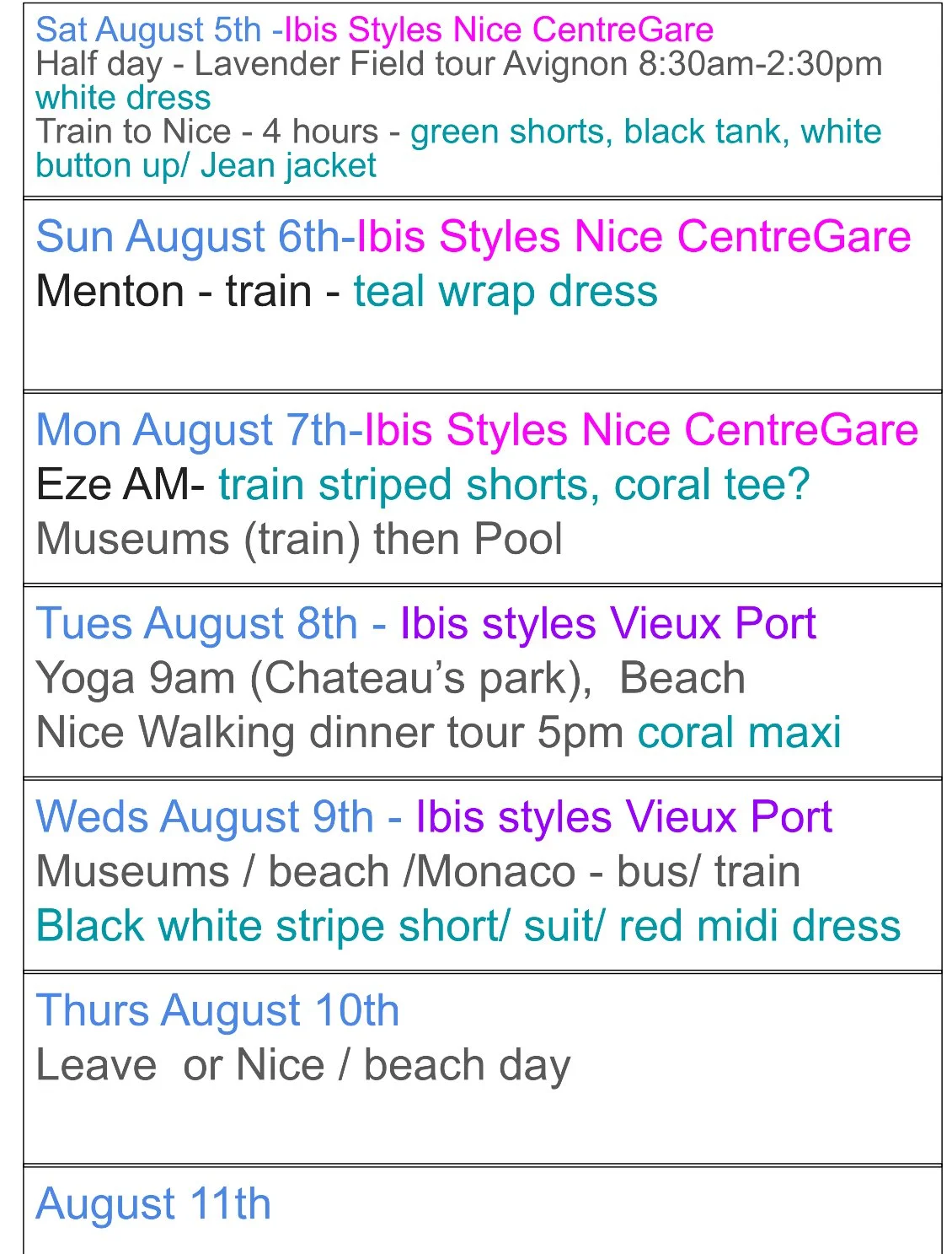 Handwritten travel itinerary showing daily activities and outfit planning for a trip to Nice, France, with specific clothing items noted in different colors for each day.