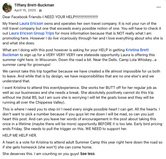 a facebook plea to have Kristina's friends encourage her to come to camp