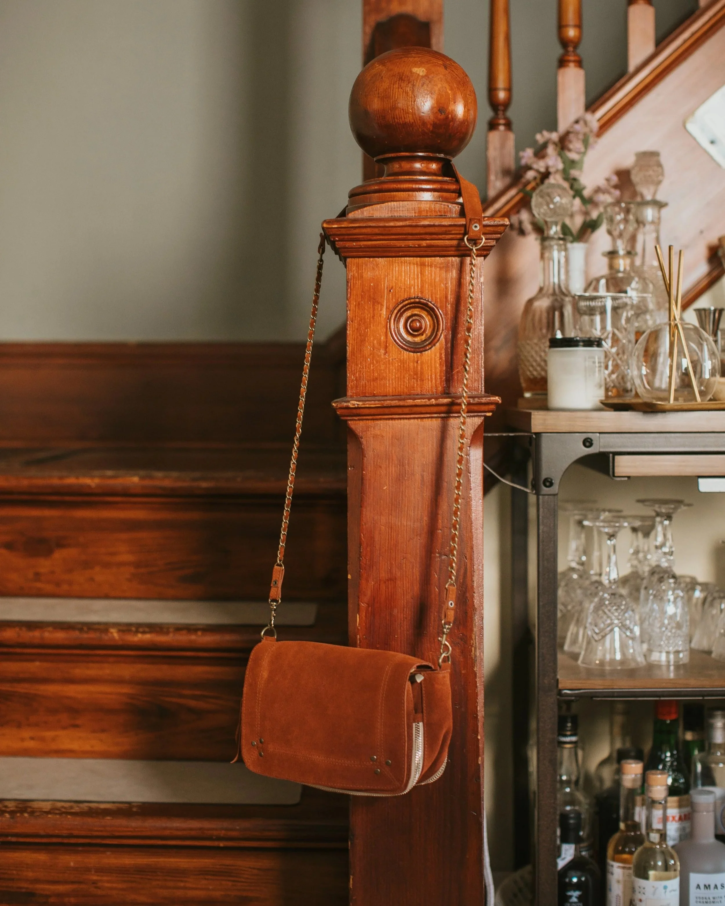 Caramel-colored handmade Moroccan leather bag from a souk vendor in Marrakech.