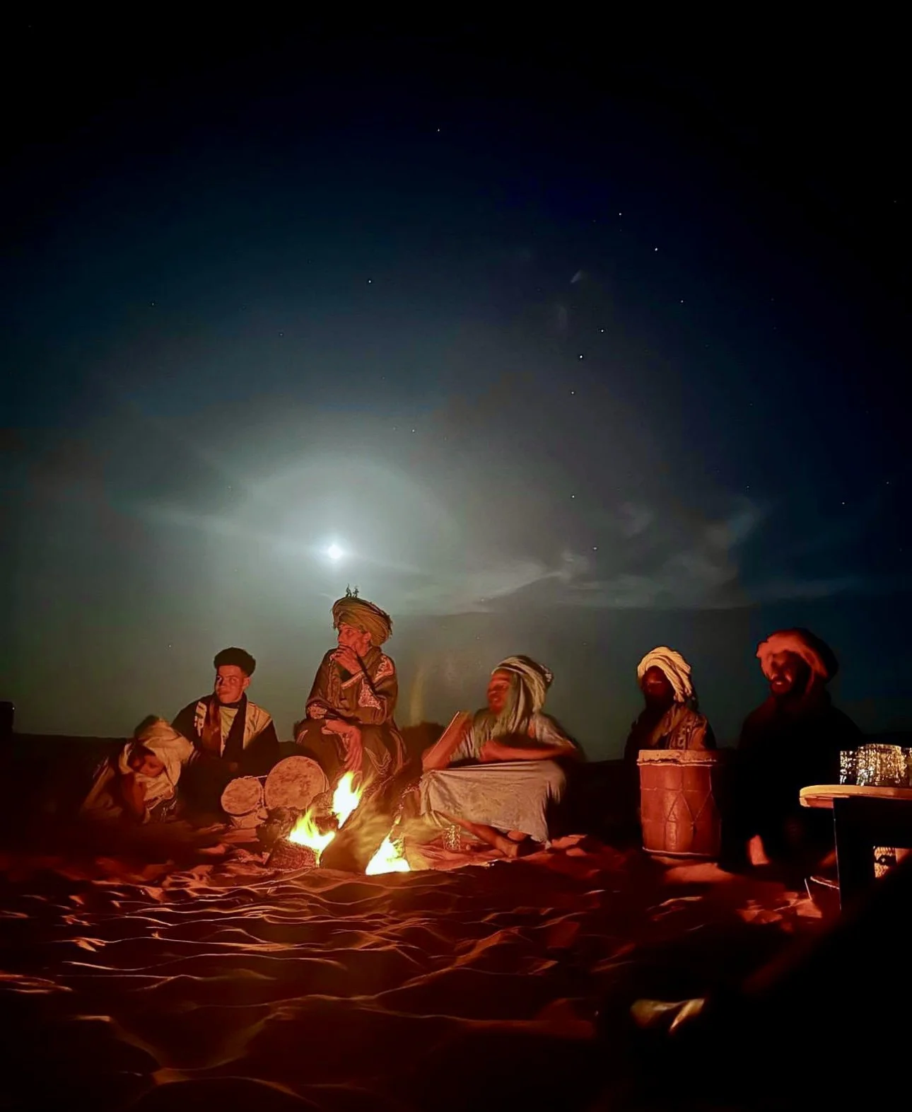 Men sitting around a campfire in the Sahara Desert