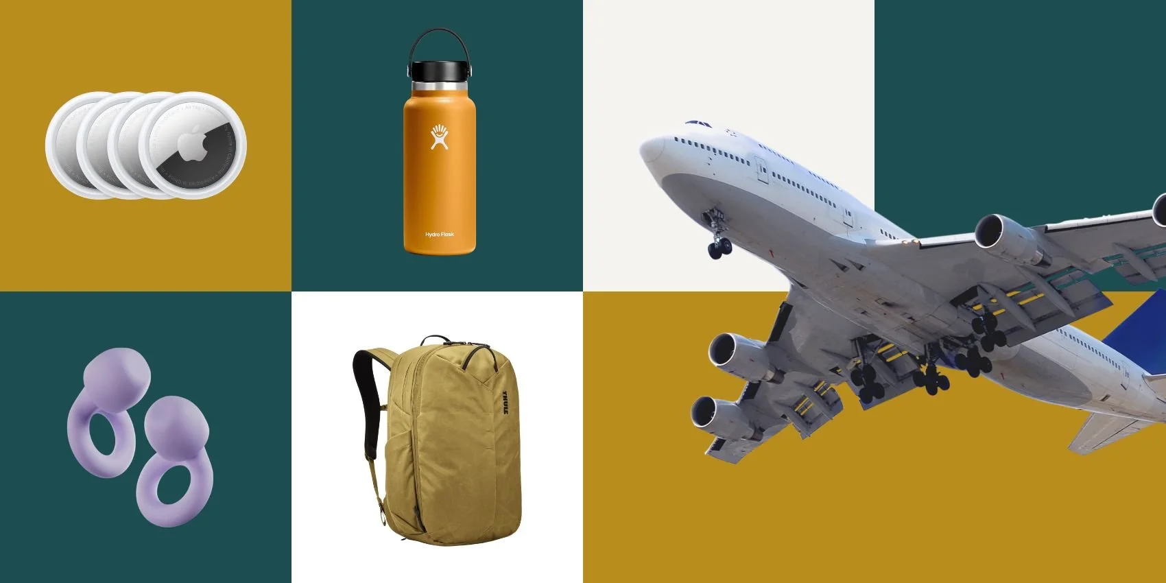 A collage of my long-haul flight essentials, including Apple AirTags, a Hydro Flask water bottle, AirPods, a Thule backpack, and an airplane taking off, set against a teal and gold background.