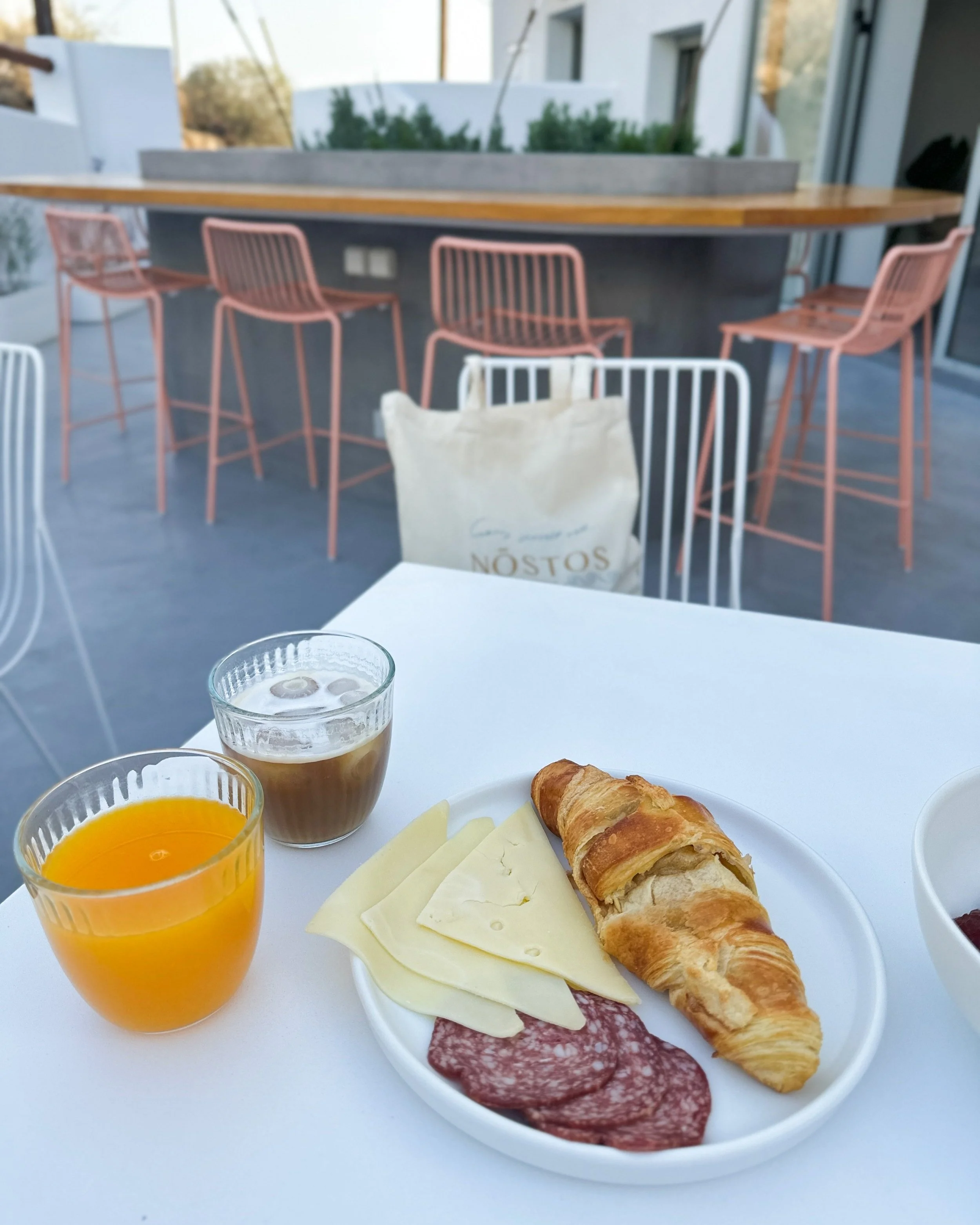 A simple breakfast on the patio at Nostos in Greece.