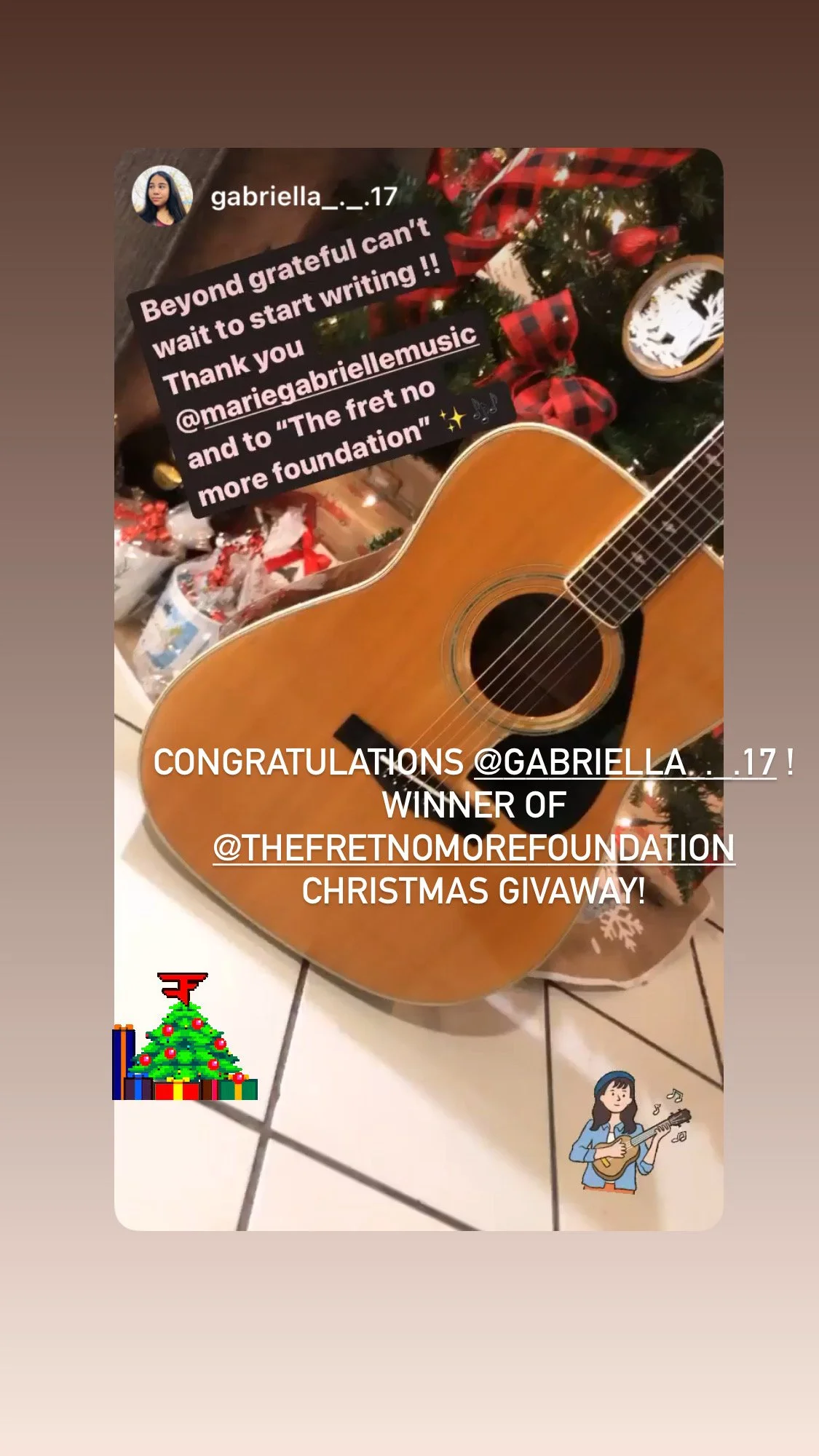 A Christmas scene with a decorated tree, red ribbons, and gifts, alongside an acoustic guitar on a tiled floor.