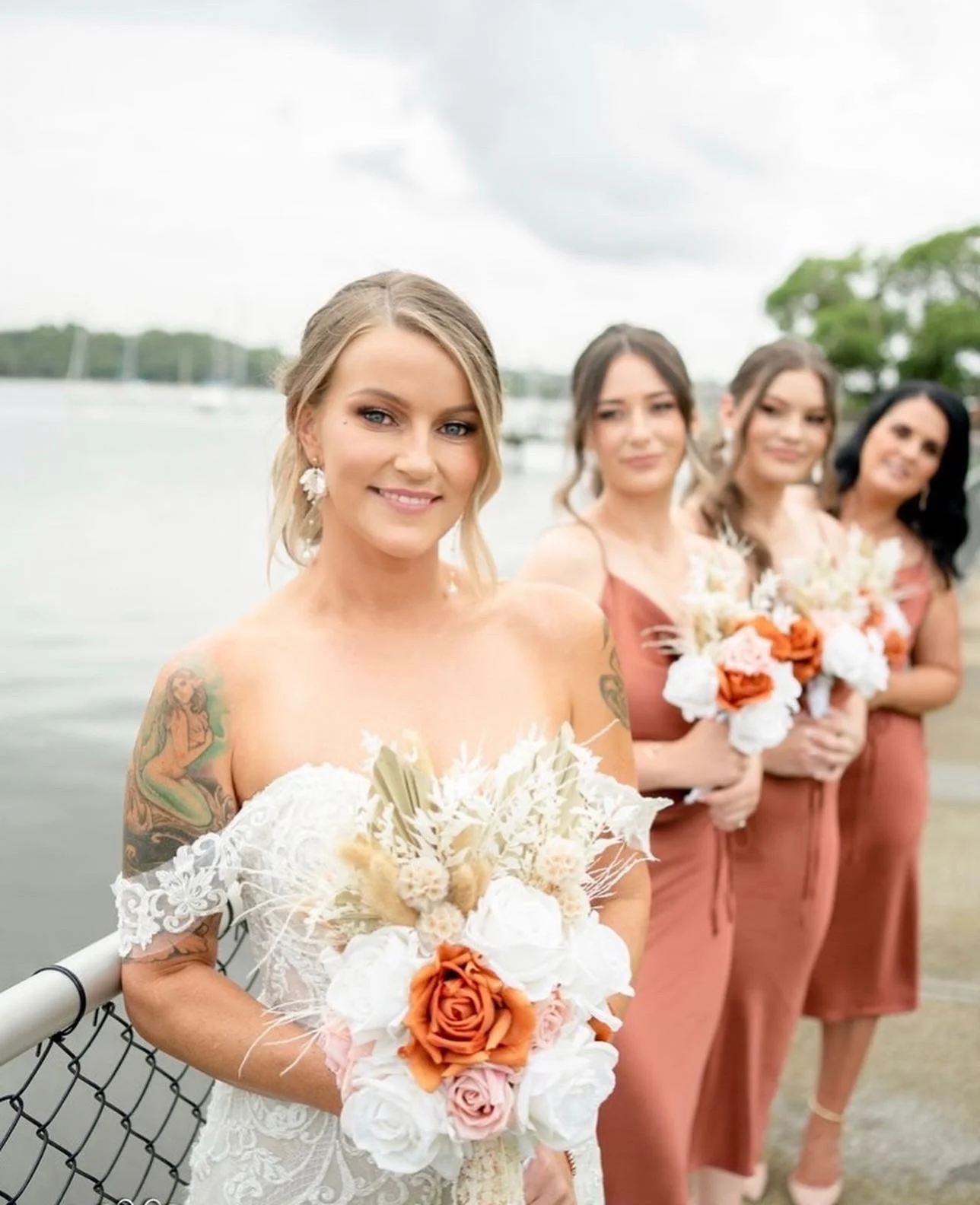 burnt orange dresses bride flowers hair & makeup
