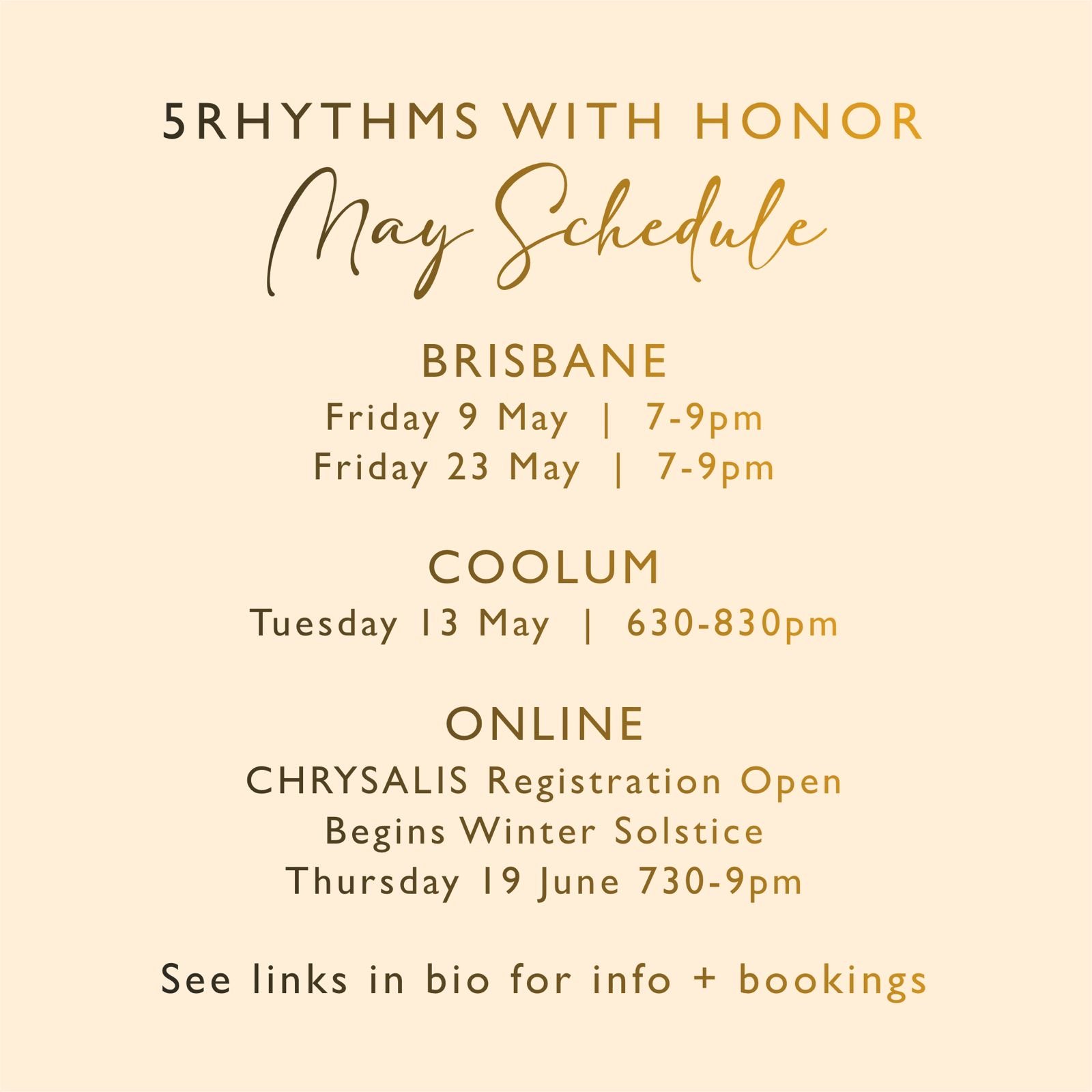 Your May invitation to move&hellip;
The music is calling. The floor is waiting.
Let&rsquo;s dance it all out together &mdash; in person or online.

BRISBANE
Two Friday night waves | 9 + 23 May | 7&ndash;9pm

COOLUM
One deep Tuesday drop-in | 13 May |