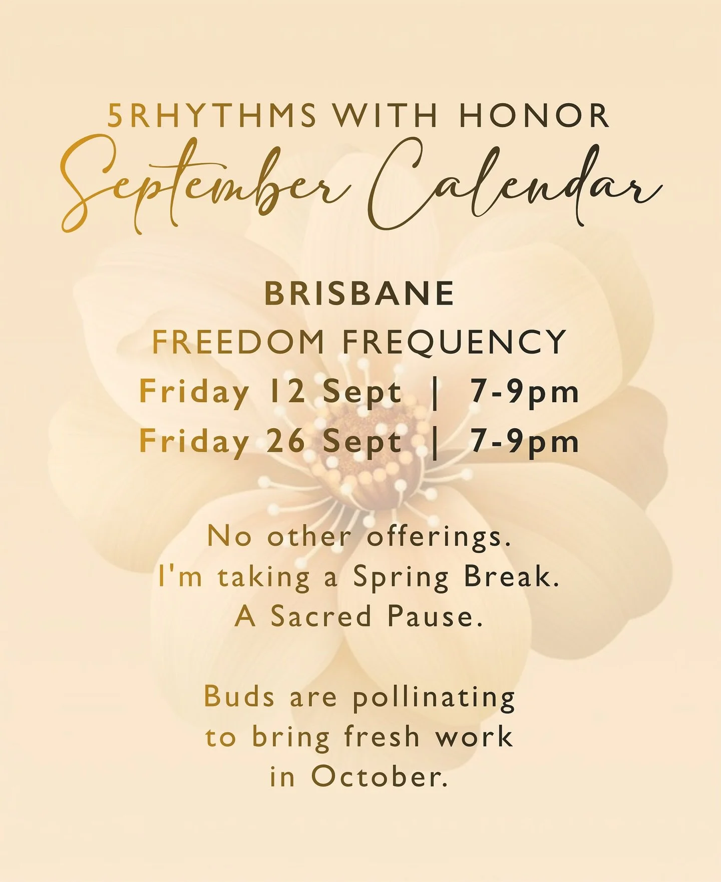 September Calendar + Spring Break 🌸

Hi friends, 

It&rsquo;s been a big few (phew) weeks in my world. With 3 amazing workshops, travelling for classes, supporting the Vision Quest + a little flu buggie in the mix. 

As I listen to my body, the elem
