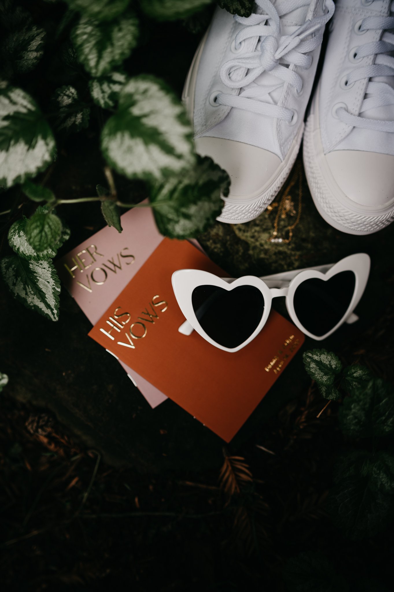 Glen Oaks elopement details bridal shoes vow books sungalsses and flowers