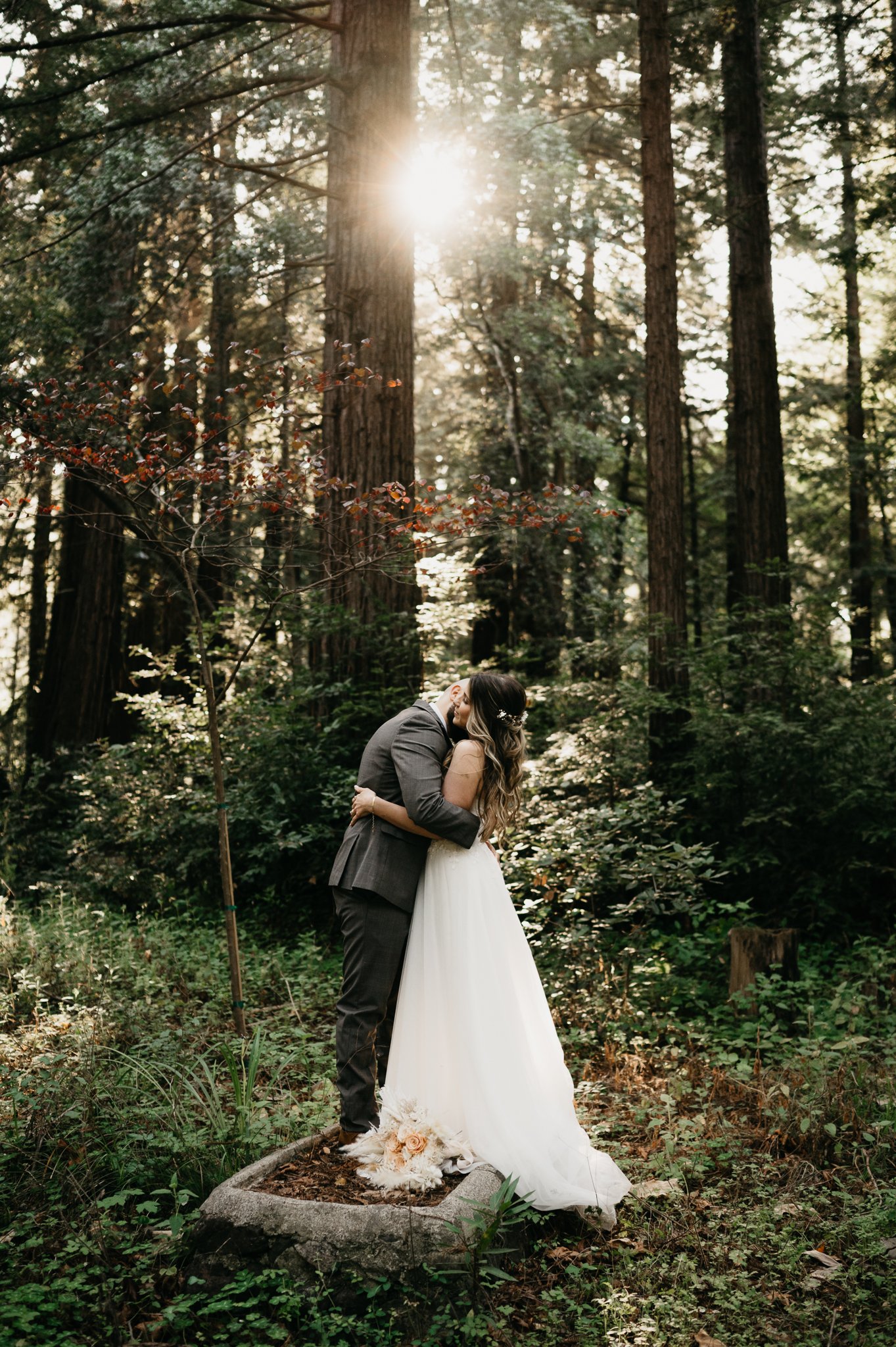  bride and groom embracing under tall redwood tress with sun peeking through trees after elopement ceremony at Glen Oaks Big Sur 