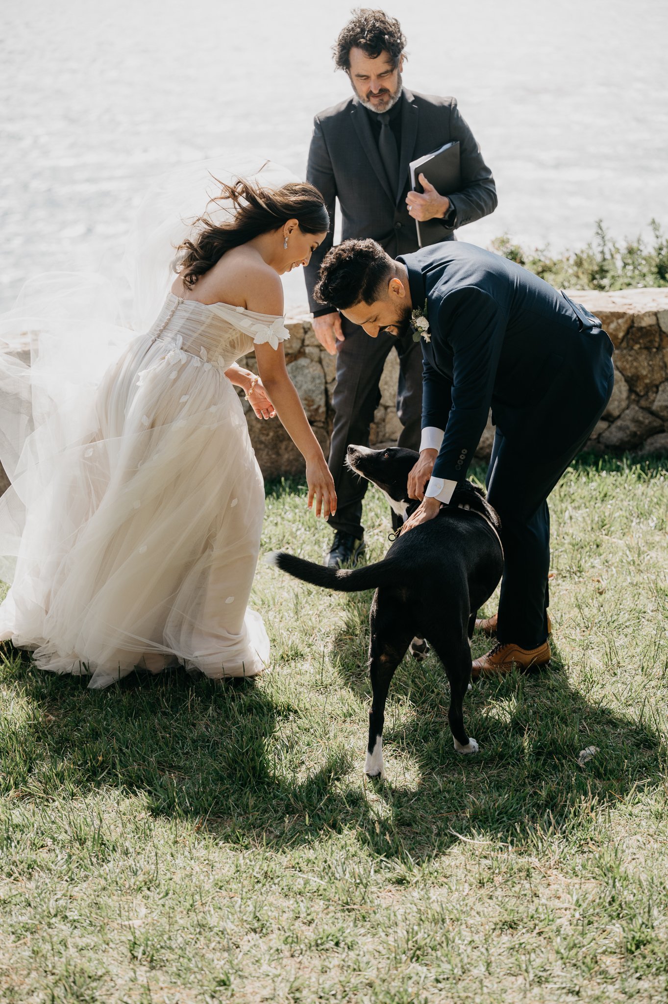 bride and groom during ceremony petting and black lab who decided to join them