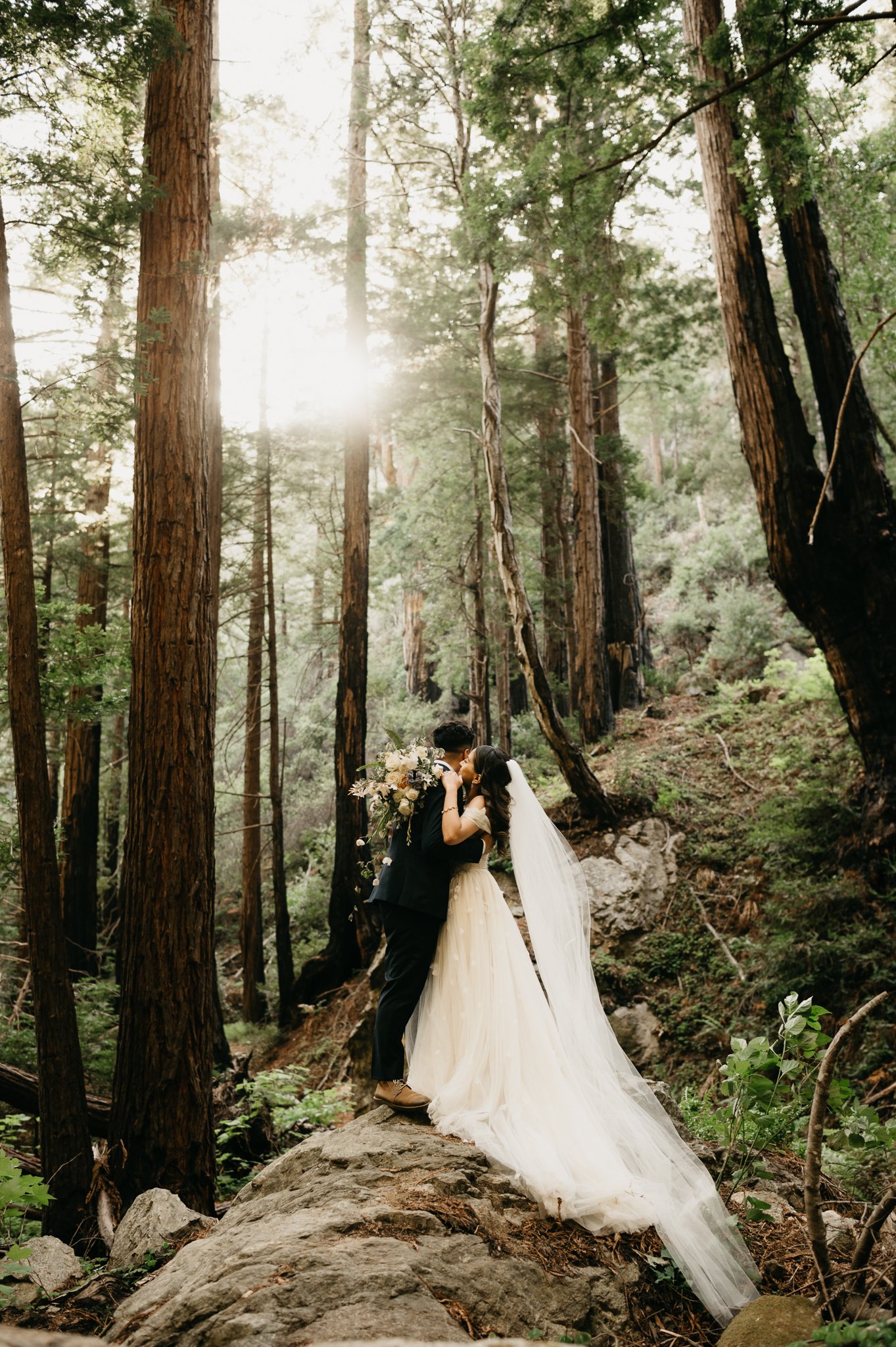 bride and groom in wedding dress and suit in Big Sur Forest
