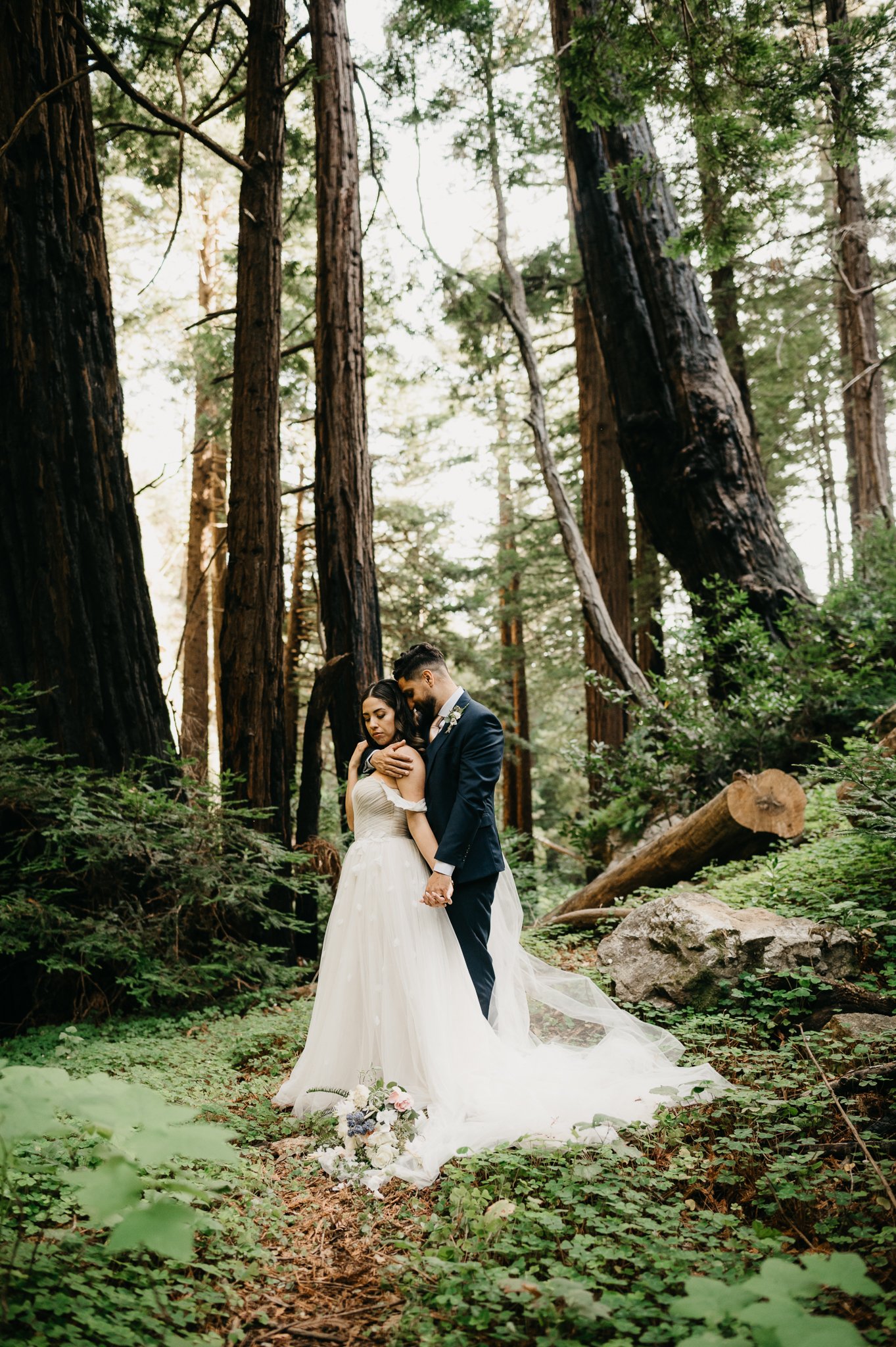 bride and groom in wedding dress and suit in Big Sur Forest large redwoods in background