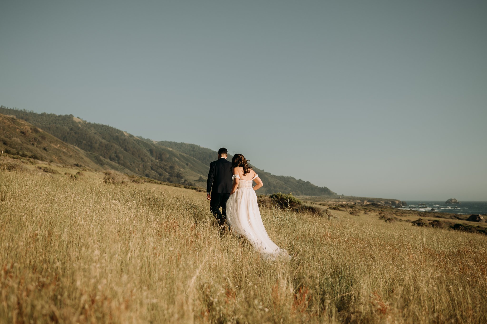 Newly married couple in wedding dress and suit in meadow in Big Sur