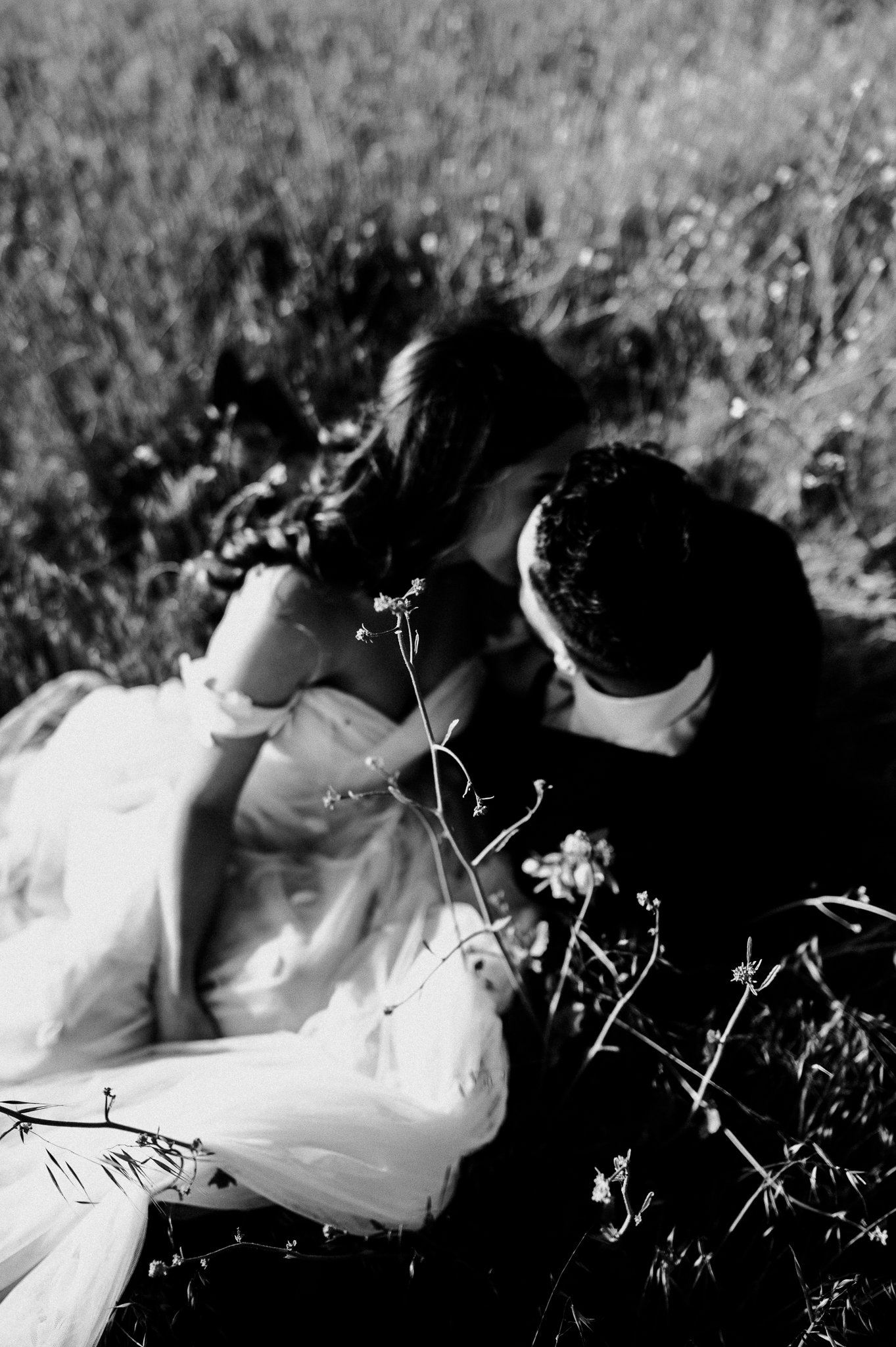 black and white photo newly married couple in wedding dress and suit kissing in meadow in Big Sur