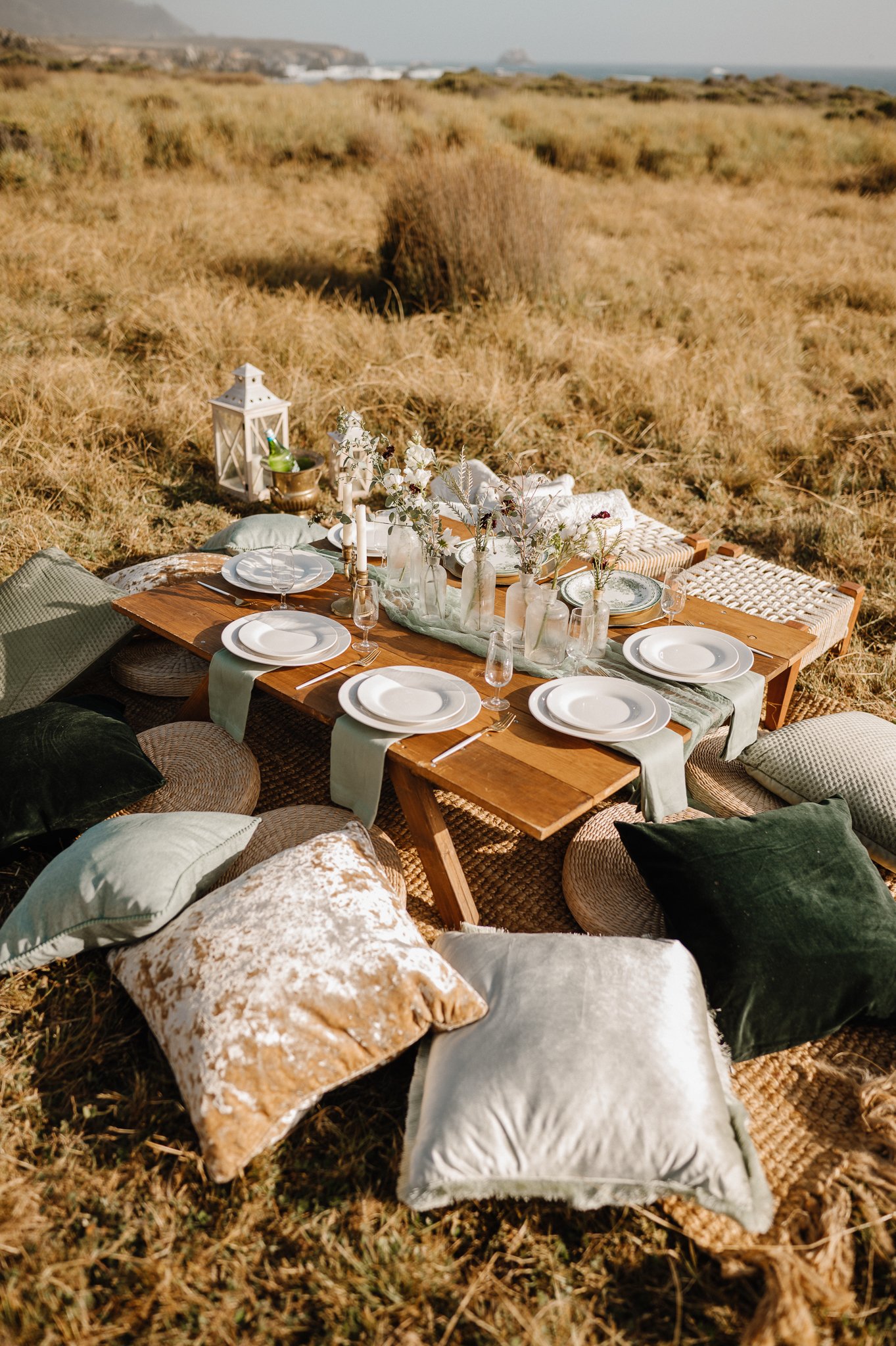 Big Sur Wedding cliffside picnic, table setup in grass with plates, glassware and pillows for all bride, groom and family