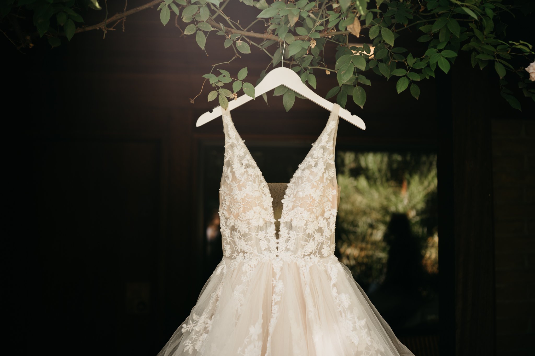 top of sleeveless wedding dress hanging on tree with green leaves on top of hanger