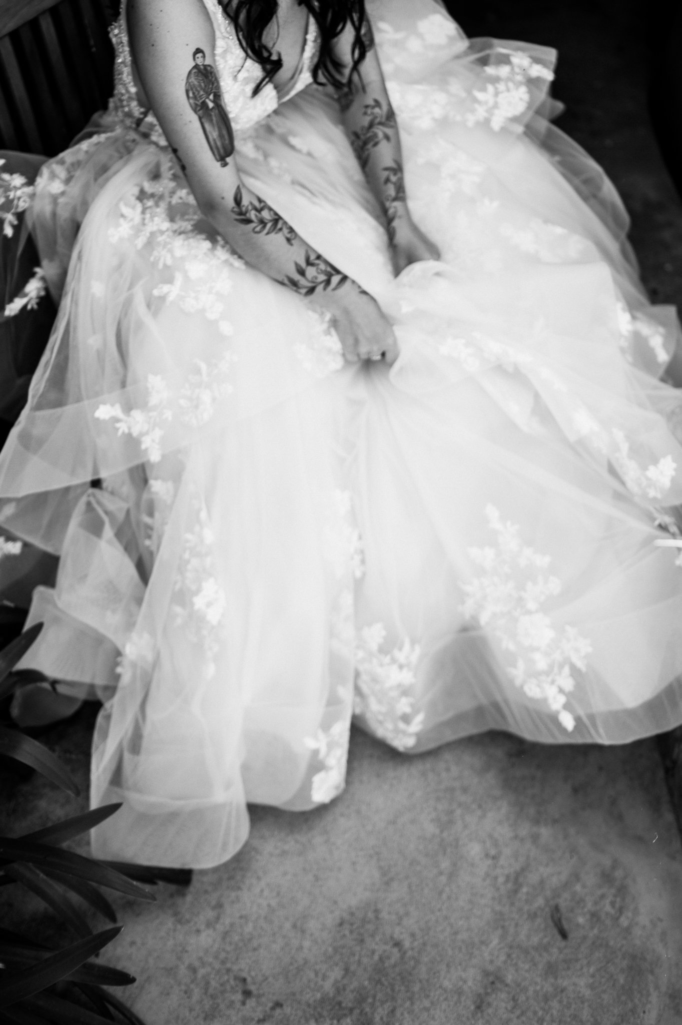 black and white lower body shot of bride's wedding dress Glen Oak's Wedding