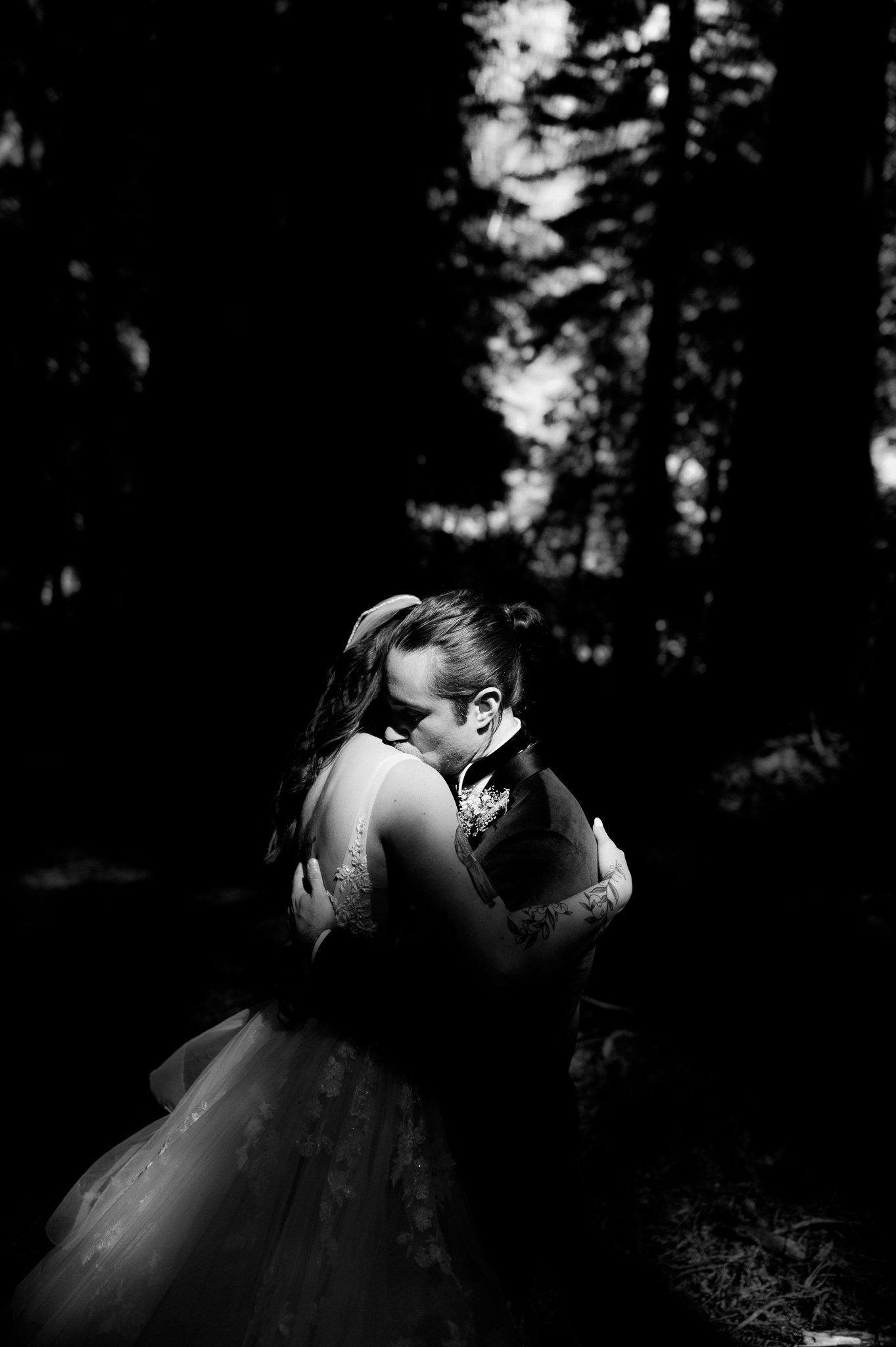 Black and white upper body of bride and groom hugging with sun peeking through the tall redwoods on the shoulder of the bride and the grooms face