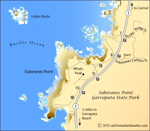 Map of Soberanes Point and Garrapata State Park along the California coast, showing trails, parking areas, and notable landmarks like Whale Peak and Lobos Rocks.