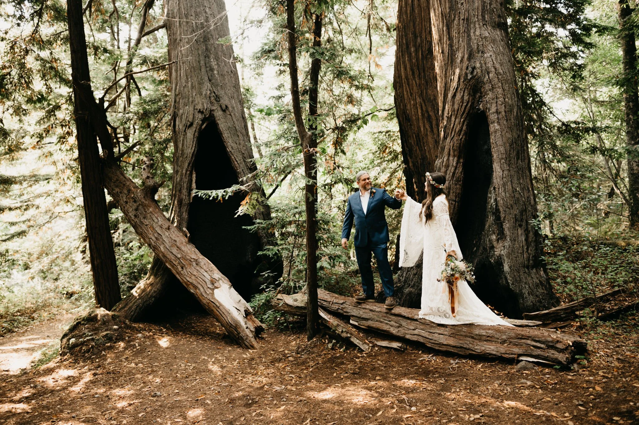 A bride and groom in wedding attire holding hands on a fallen tree trunk in a forest with giant trees.