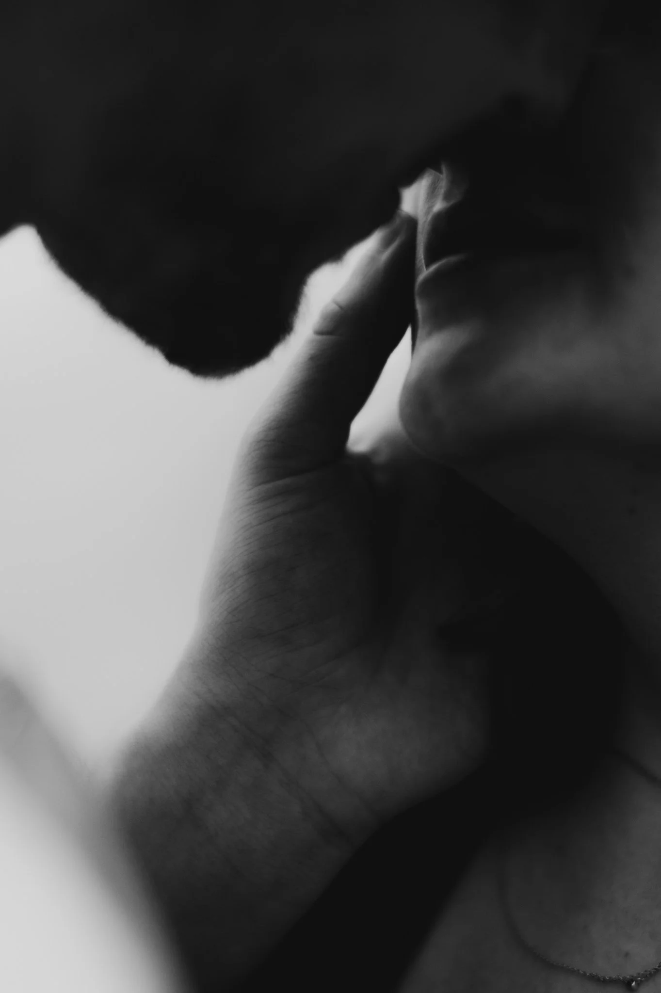 Close-up of a person's hand touching lips of a dog in black and white.