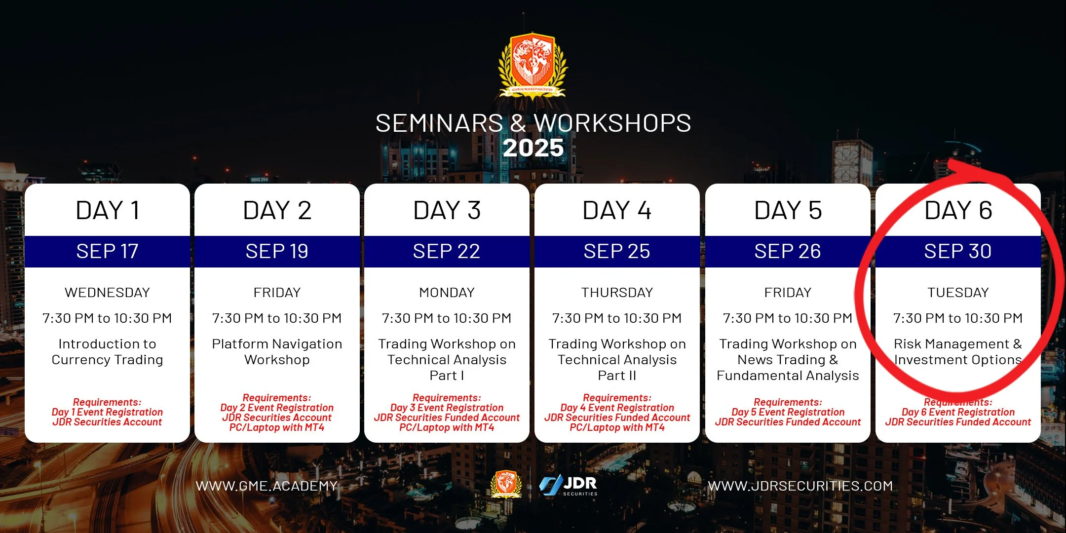 "Event calendar highlighting Day 6: Live Forex Trading Workshop — practical MT4 platform training and real-time market trade execution."