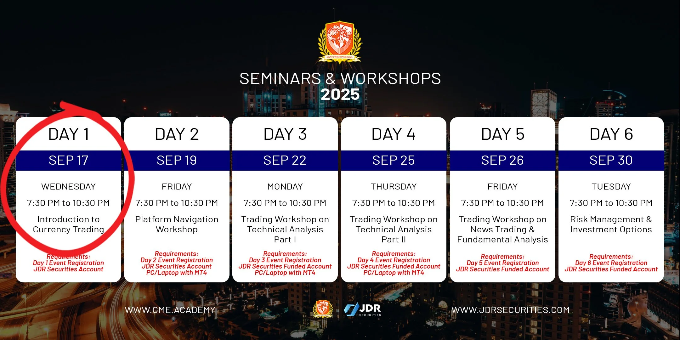 Event calendar highlighting Day 1: Introduction to Forex session — beginner-friendly guide to currency trading basics for Filipino traders.