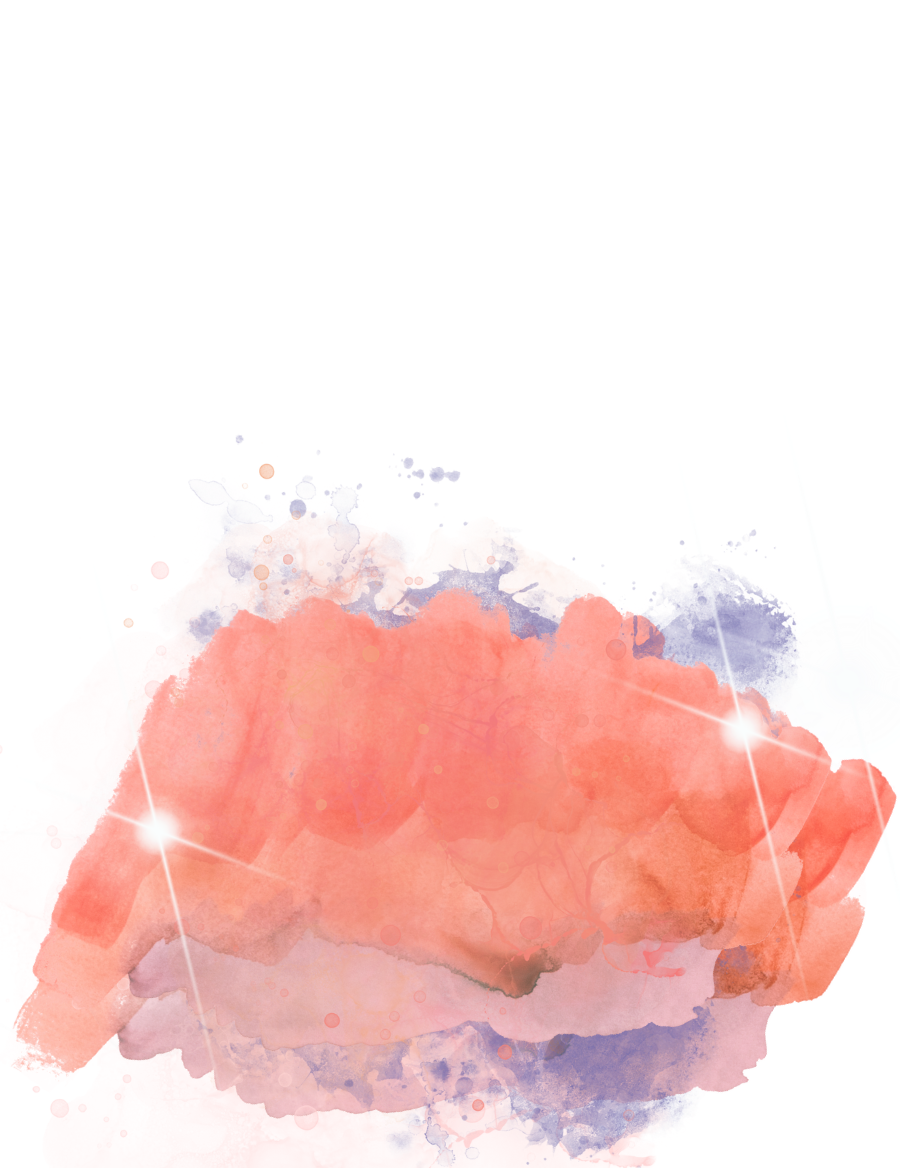 Abstract watercolor splash with orange, pink, and purple hues, featuring white sparkles and swirls.