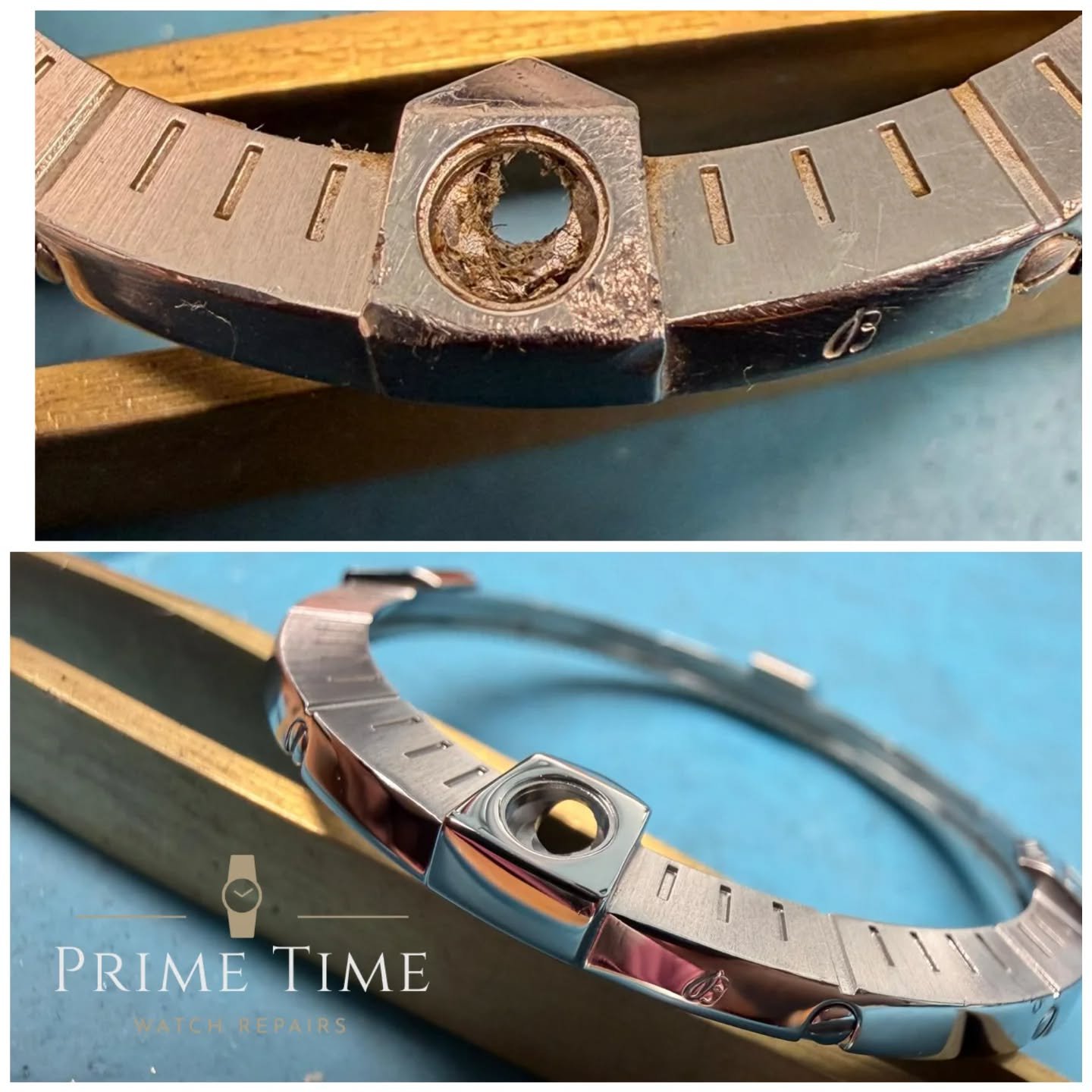 Had our first wow moment of the year when Mike the polisher popped this to me today. 

One of our clients dropped his Breitling off for a polish but it needed particular attention to the 12 o'clock rider. It was dented and damaged. 

Some laser build