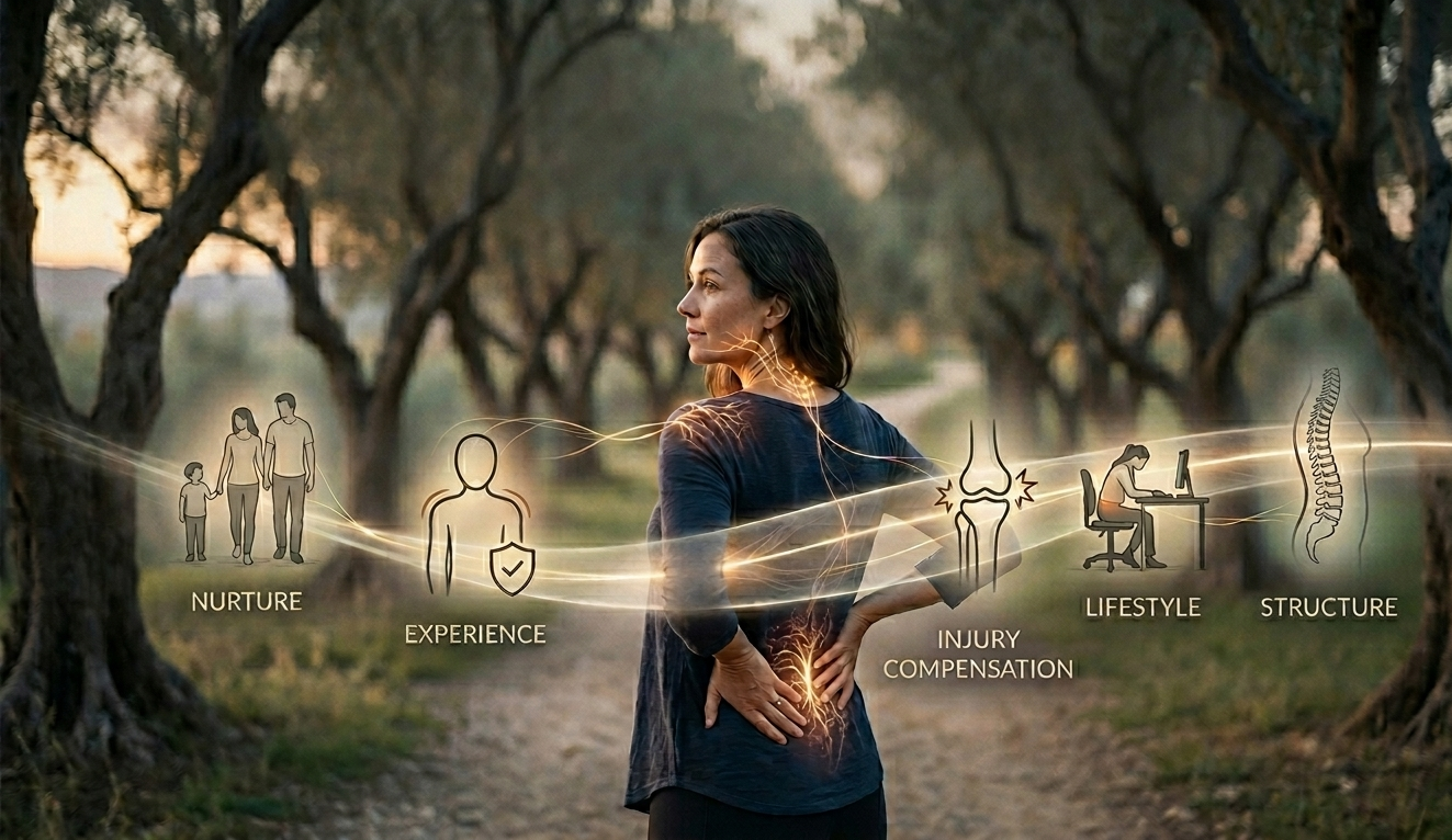 Infographic illustrating the hidden roots of back pain. A woman in an olive grove holds her lower back as a golden timeline connects icons for Nurture, Life Experience, Injury Compensation, Lifestyle habits, and Spinal Structure.