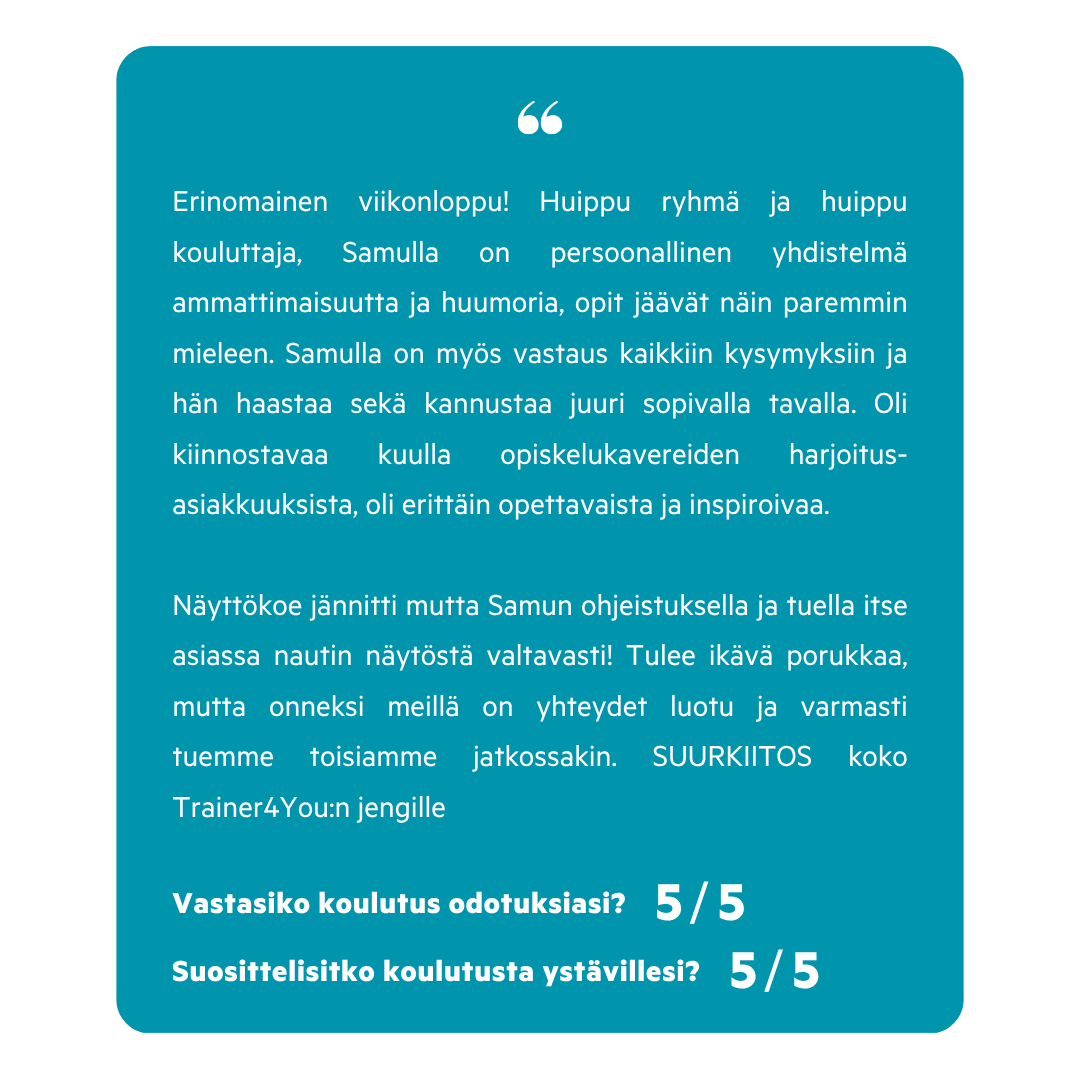 Kuvatunniste, jossa kiitosta ja palautetta trainer4you-koulutuksesta, sisältää arviointilomakkeen tekstit ja arvostelut.