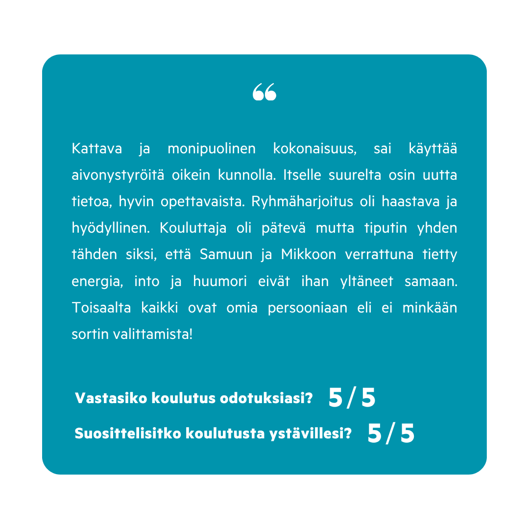 Sisin tealiala, jossa on arviointyökysely ja tekstiä. Teksti sisältää arvioarvioita koulutuksesta, kuten 'Vastasiko koulutus odutksiasi? 5/5' ja 'Suositellisitko koulutusta ystävällesi? 5/5'.