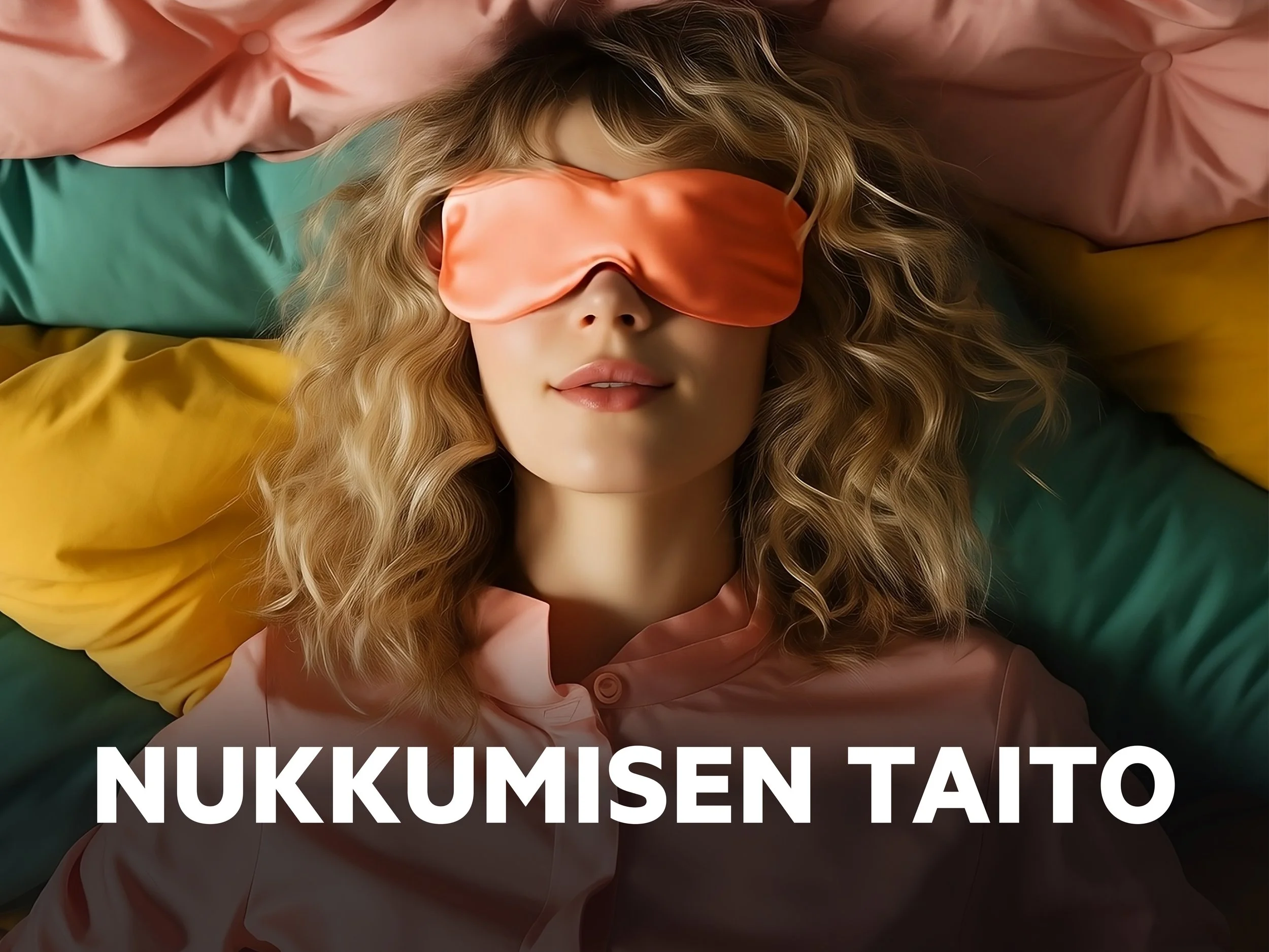 Nainen makaa sängyssä silmälaput kasvoillaan, päällään vaaleanpunainen pyjama ja ympärillä värikkäät tyynyt. Teksti "Nukkumisen taito" kuvan alaosassa.