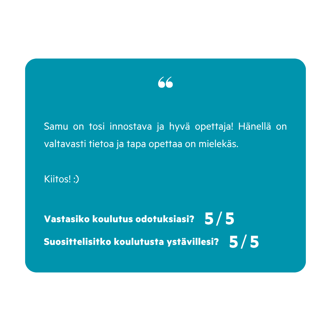 Arvostelusivu, jossa kiitosviesti ja täydet arvosanat koulutukselle, teksti suomalaksi.