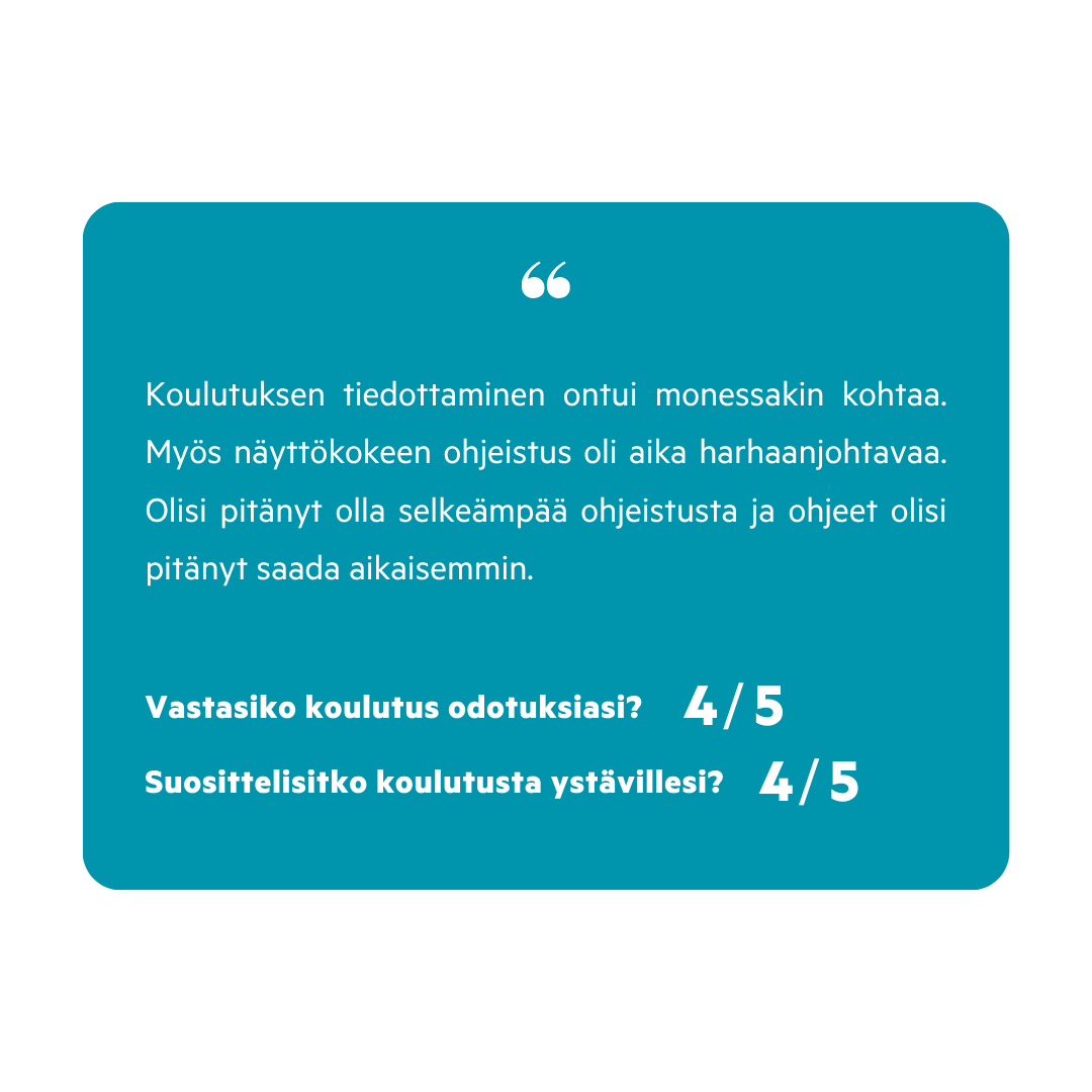 Tekstilaatikko, jossa on arvio koulutuksesta ja suosituksista.