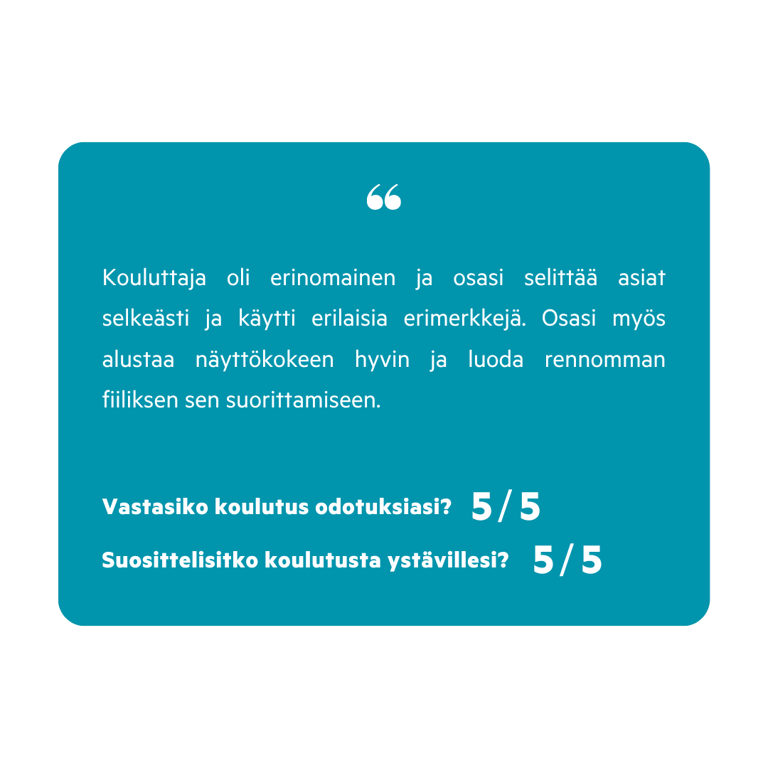 Tekstipala, jossa on arvio koulutuksesta ja suositus ystäville. Teksti kertoo kouluttajan olevan erinomainen, selittävän selkeästi ja käytävän erilaisten esimerkkien kautta. Vastaus koulutukseen on 5/5 ja suosittelu ystäville 5/5.