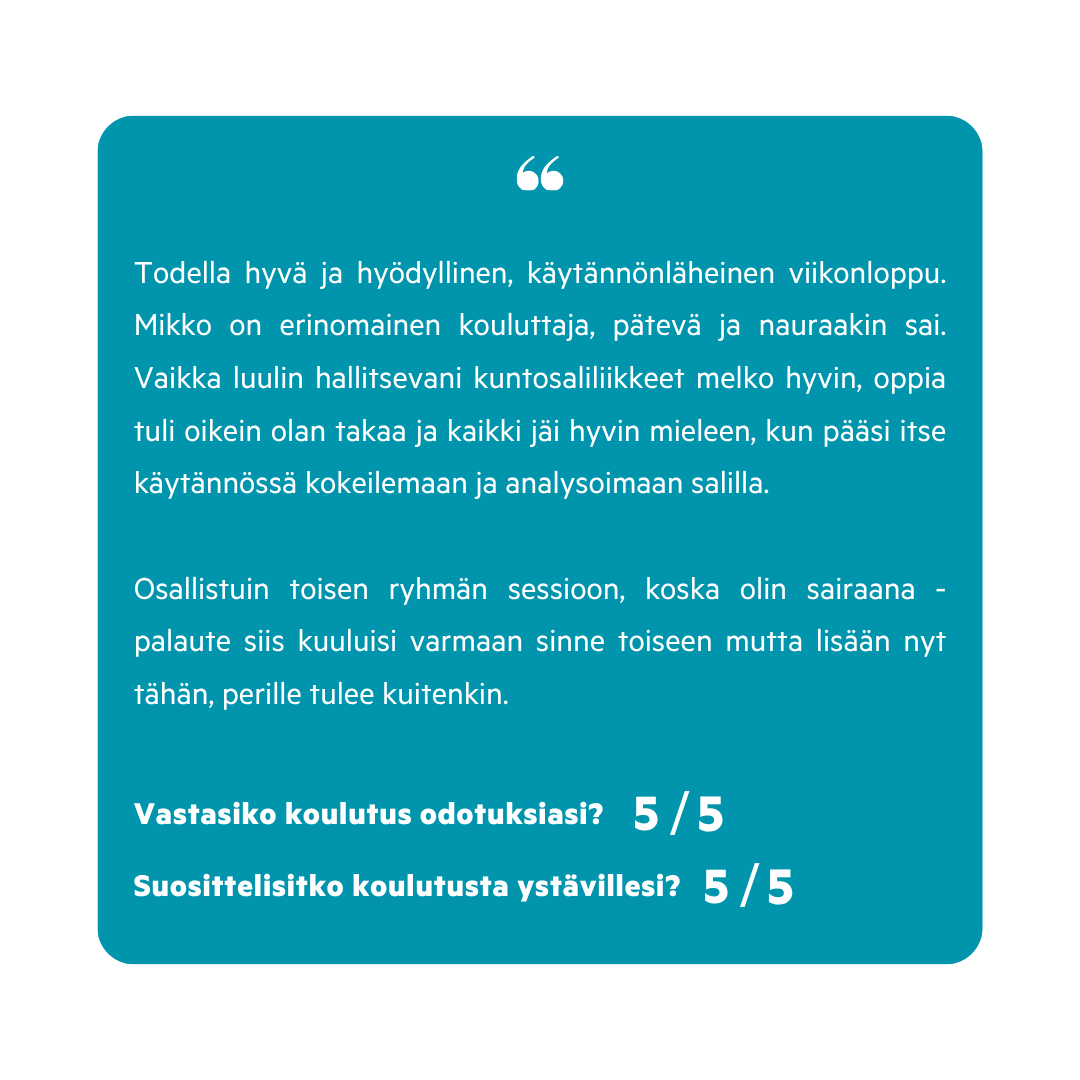 Lounasruusu ja tekstilaatikko, jossa suosituksia ja arvioita koulutuksesta