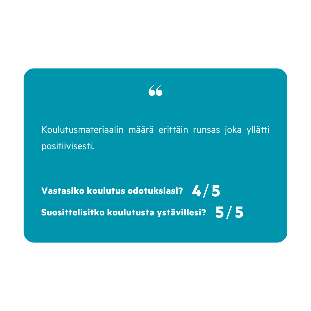 Lainauslaatikko, jossa arvio koulutuksesta, väittäen koulutusmateriaalin määrän olleen hyvin suuri, sekä kysytään, vastaako koulutus odotuksia ja suositteletko sitä ystävillesi. Vastausten arvosanat ovat 4/5 ja 5/5.