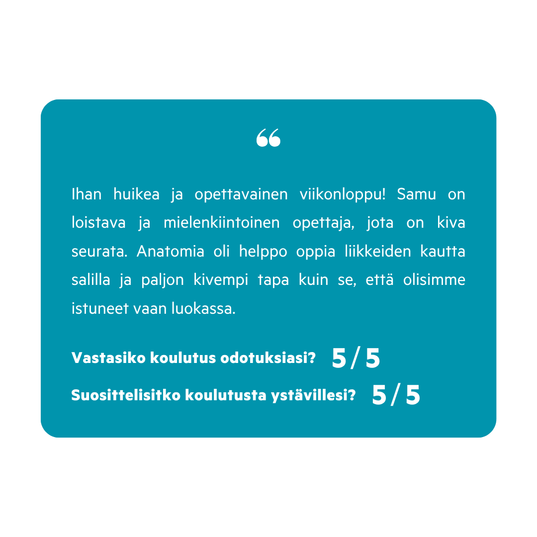 Tämä kuva sisältää sitaatin, joka kehuu opettajaa Samua ja hänen opetustyyliään, ja sisältää myös koulutuksen palautelomakkeen arvioinnit, joissa molemmat arvosanat ovat 5/5.