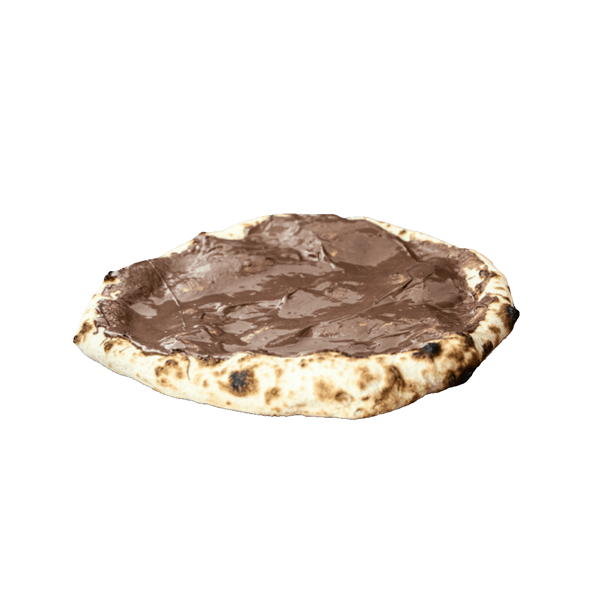 Chocolate spread pizza on a green background.