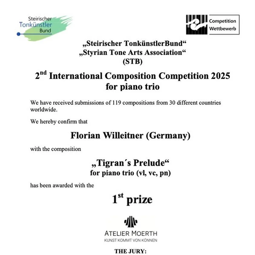Very honored to have won the 1st prize at the 2nd International Composition Competition 2025 for piano trio in Graz (AT) with my piece &bdquo;Tigran&rsquo;s Prelude&ldquo; which is one of the preludes featured on my recent album &bdquo;What The Fugue