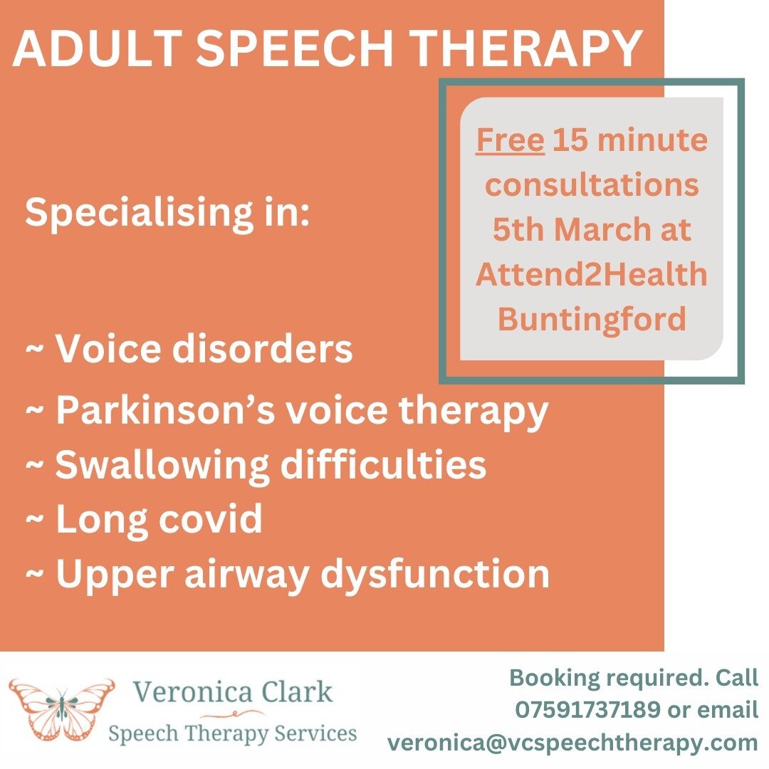 For anyone local to me in Hertfordshire UK - if you have any questions regarding specific speech, voice or swallowing symptoms for yourself or a loved one...I would love to meet you. Booking required. 🦋